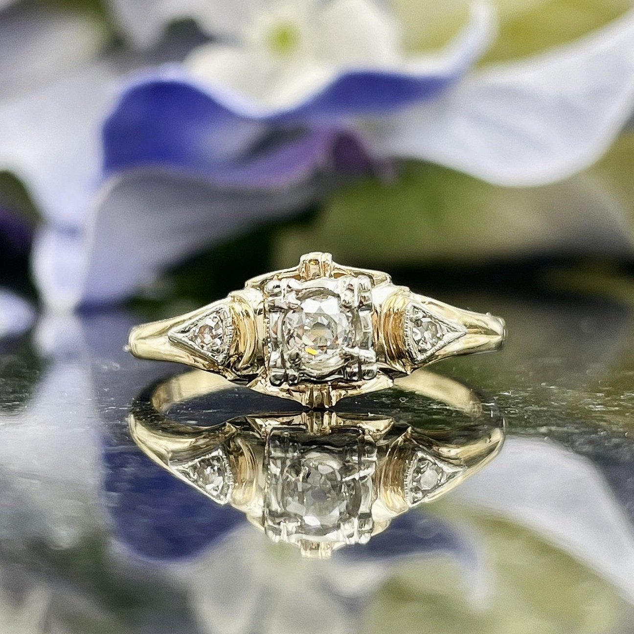 .18ctw Vintage A+ Old Mine Cut Diamond Ladies Ring 14k Yellow Gold