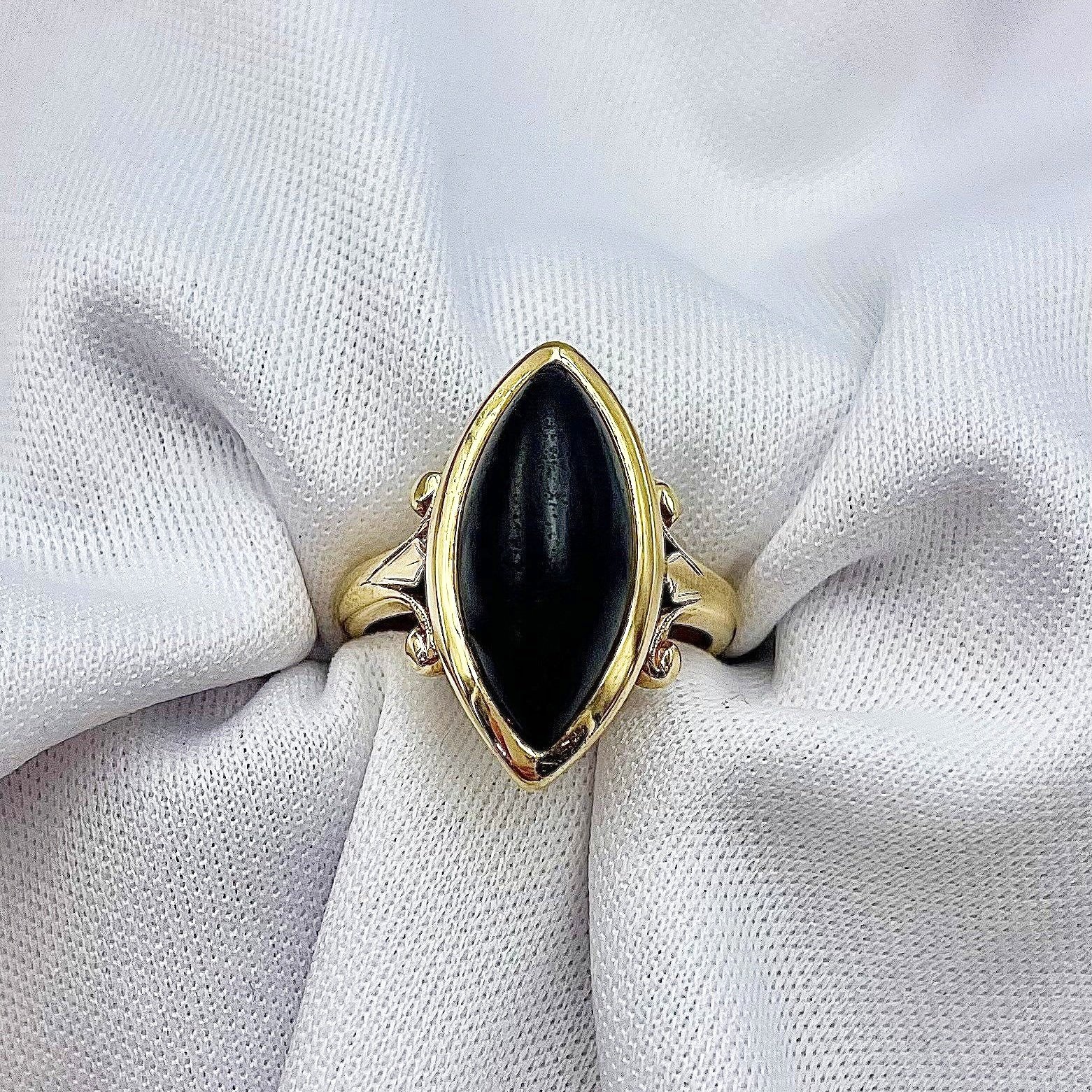 top down view white background Estate 14k Yellow Gold Marquise Cut Black Coral Ladies Ring