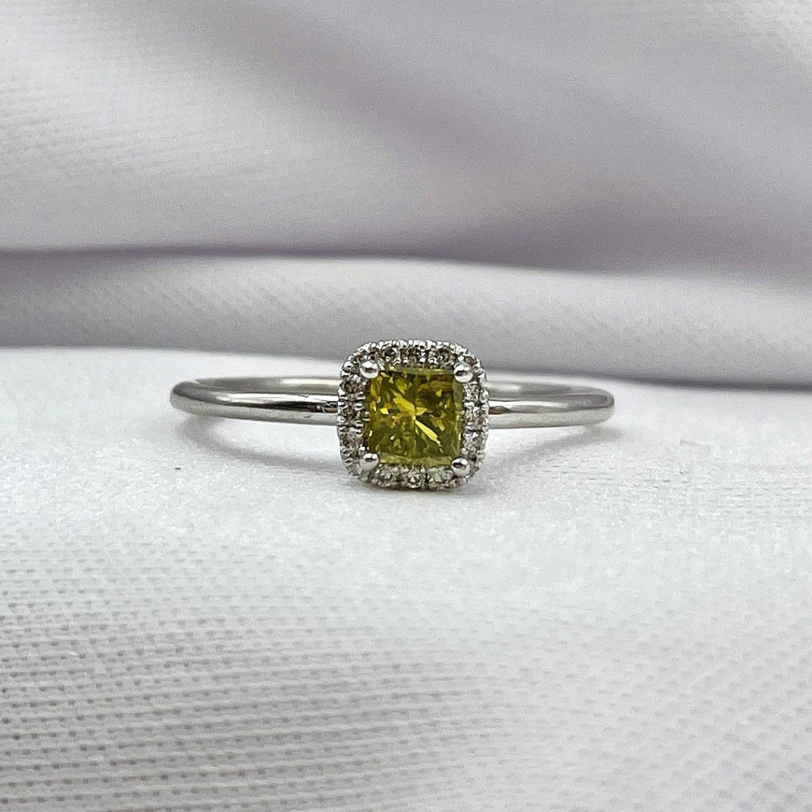 close up white background .32ct Yellow Green Natural Diamond Halo Engagement Ring 14k White Gold
