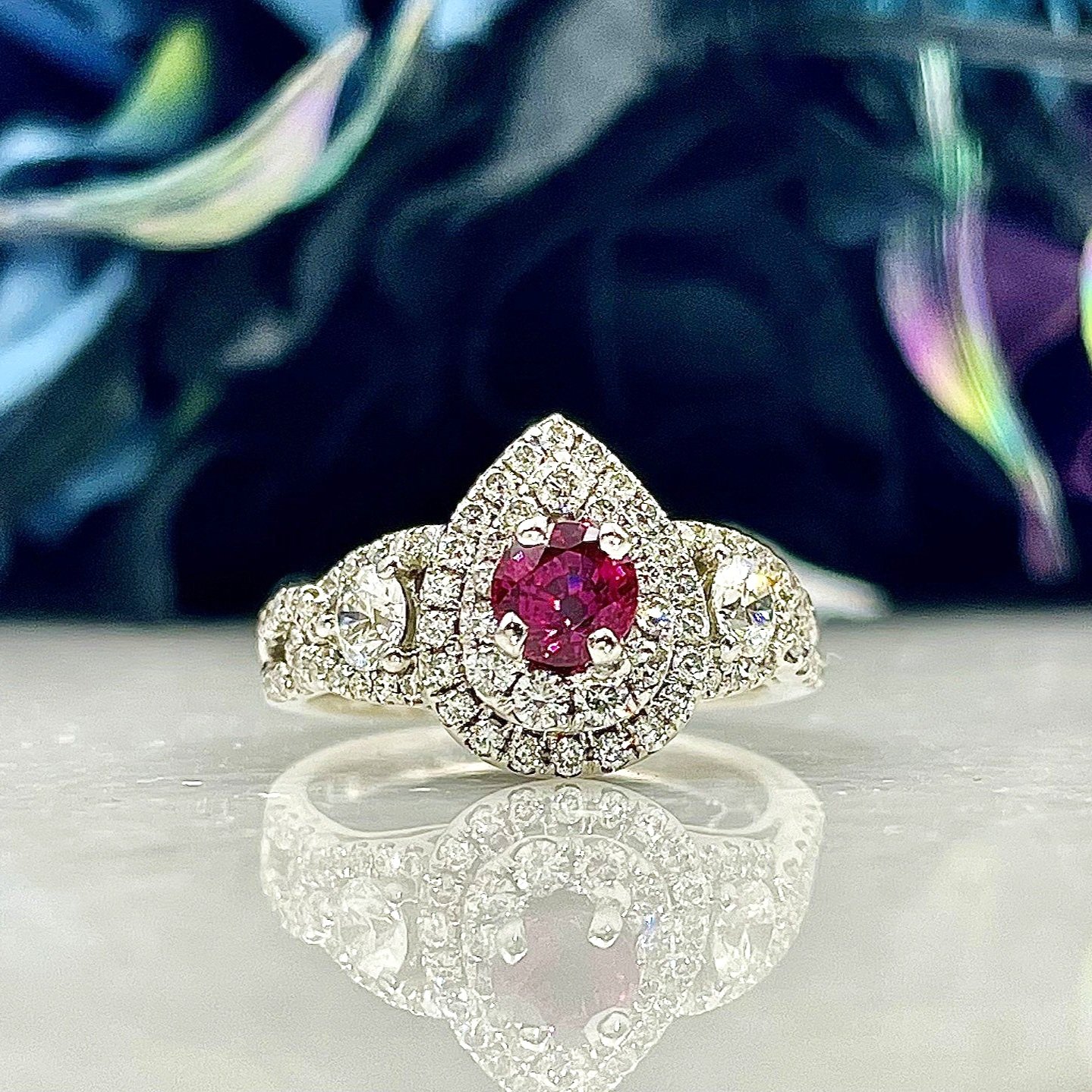 .71ct Ruby With 3/4ctw Diamond Accents Pear Halo 14k White Gold Ladies Ring