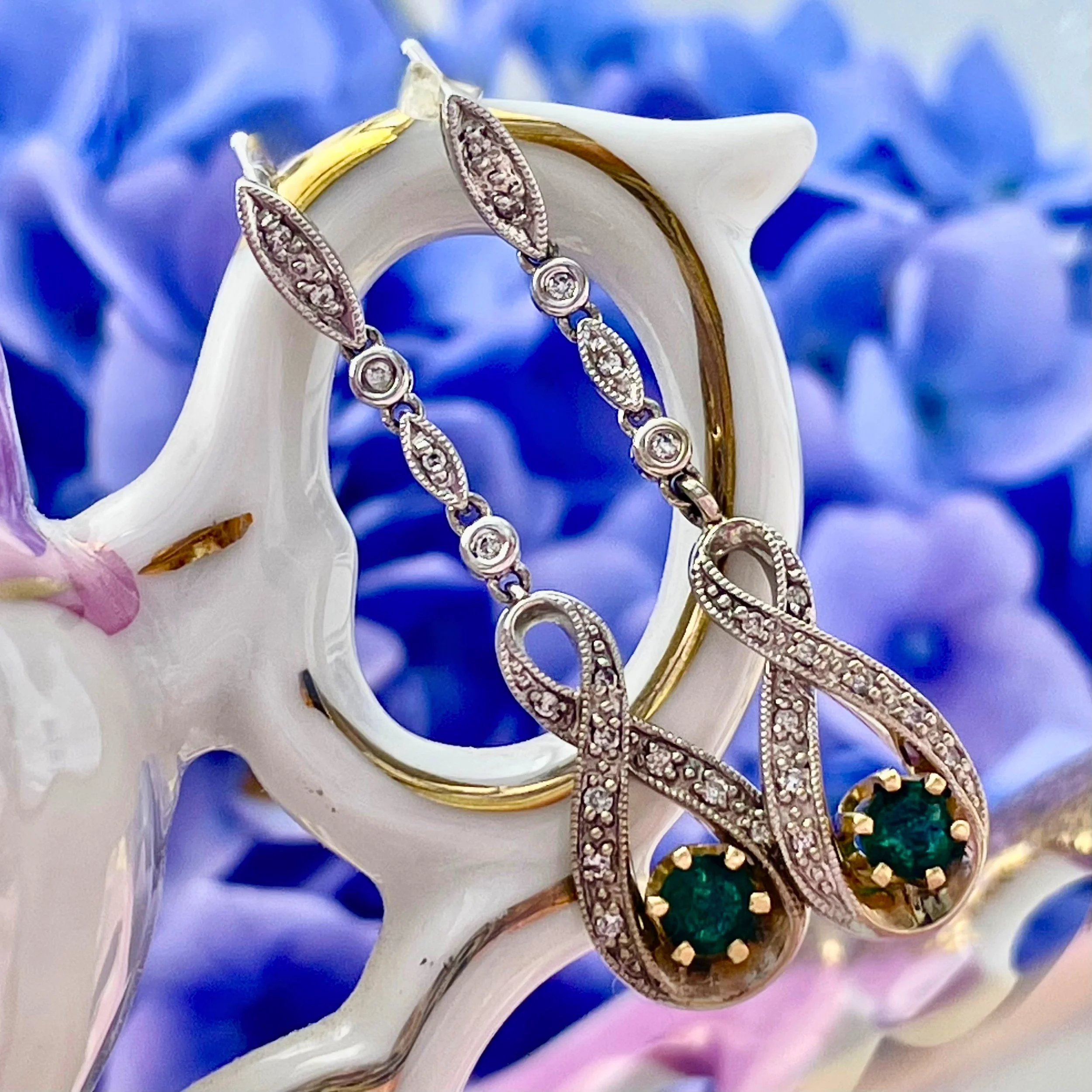 14k White and Yellow Gold Dangle Emerald and Diamond Earrings