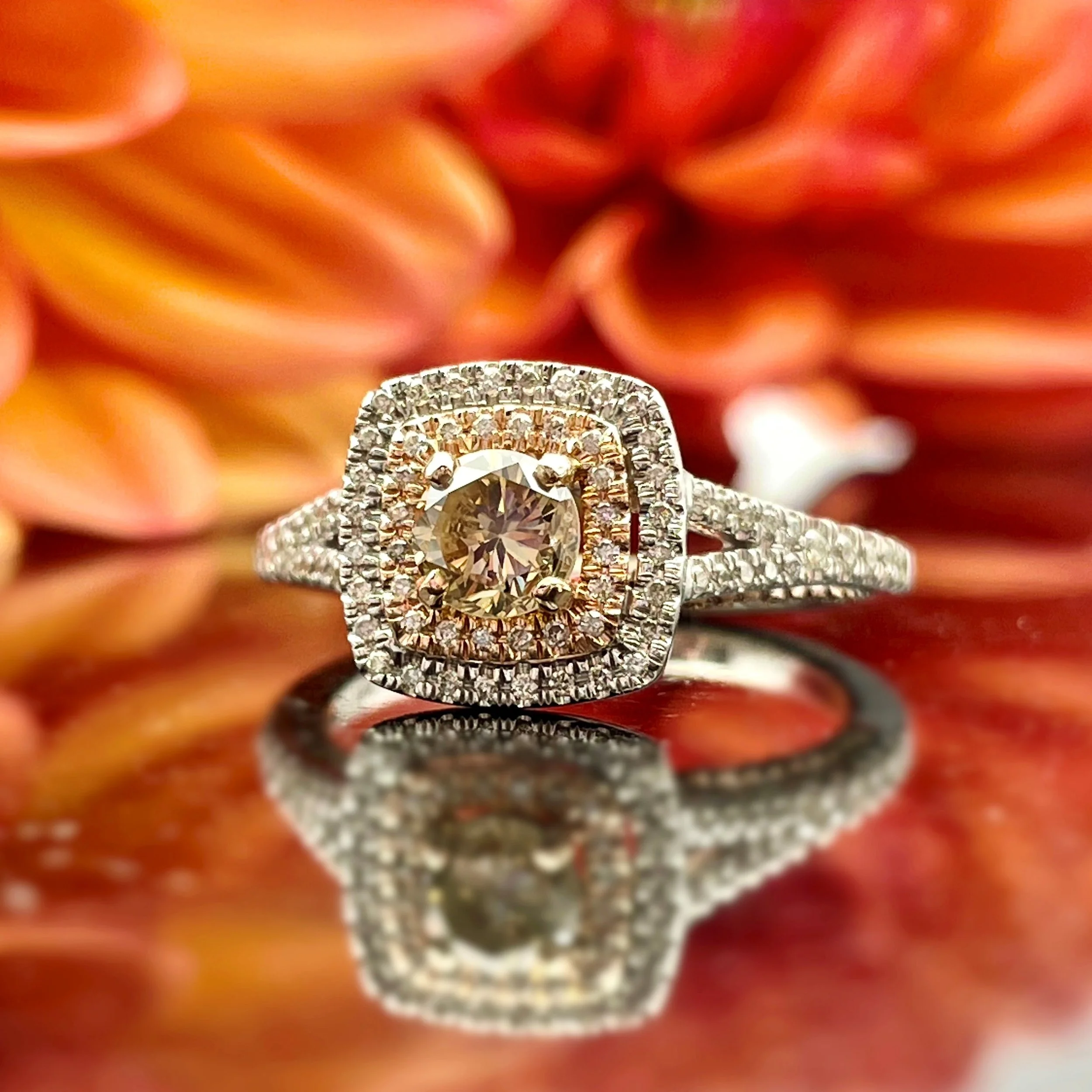 14k White And Rose Gold Two Tone .56ct Champagne Diamond Double Halo Wedding Set