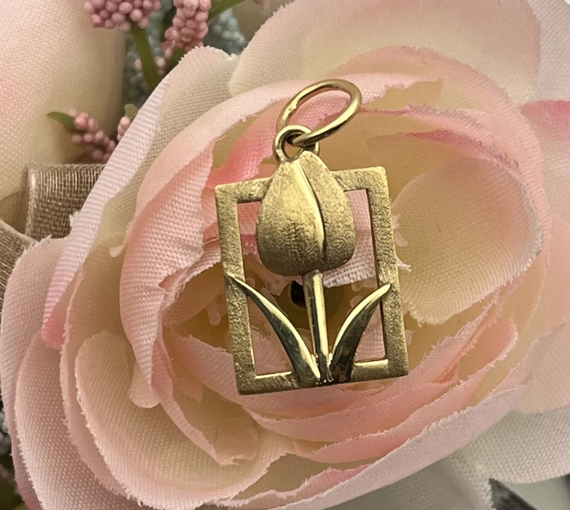 Tulip Tile Floral Motif 14K Gold Charm  Pendant Necklace - Large