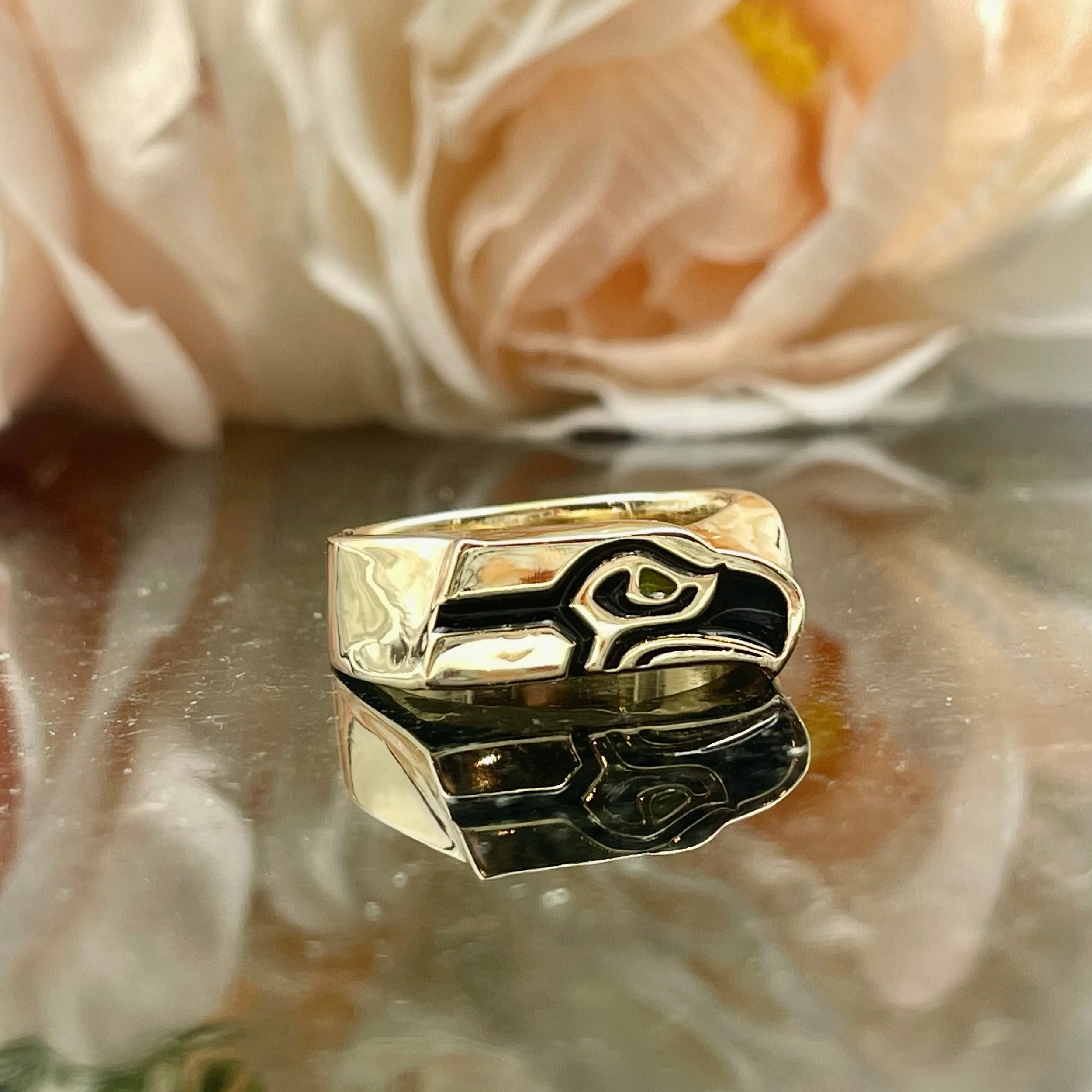 14k Yellow Gold Men's Enameled Seahawk Ring