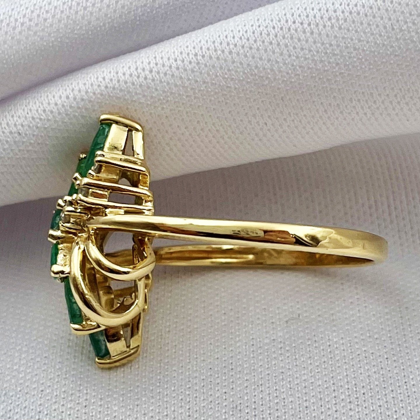 side view white background Marquise Cut Emerald With Diamond Accents Vintage Inspired Statement Ring 14k Yellow Gold