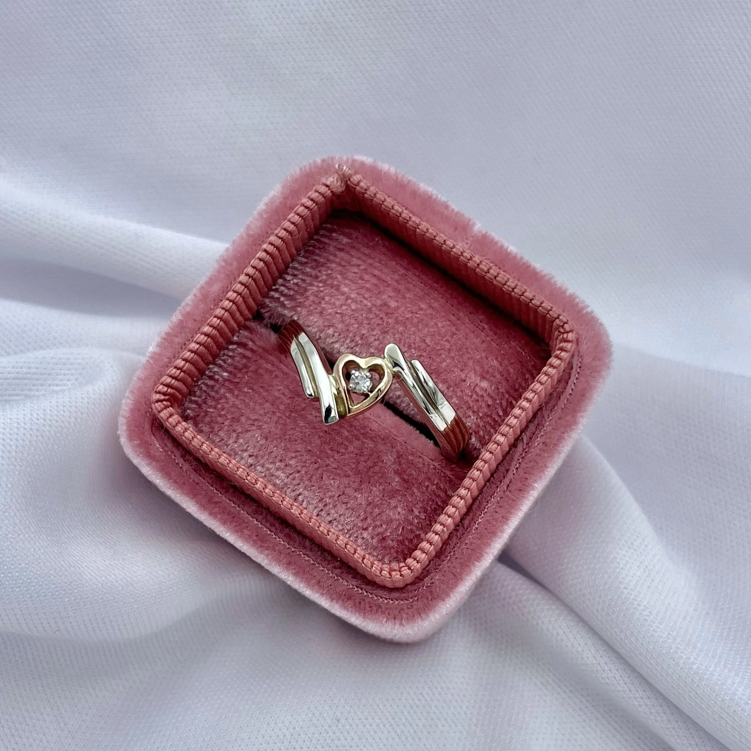 14K Rose & White Gold Diamond Heart Promise Ring top down front view in box