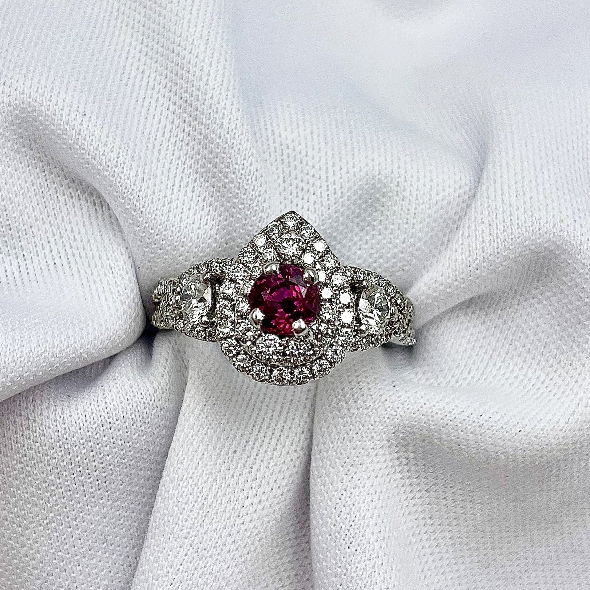 top down view white background .71ct Ruby With 3/4ctw Diamond Accents Pear Halo 14k White Gold Ladies Ring