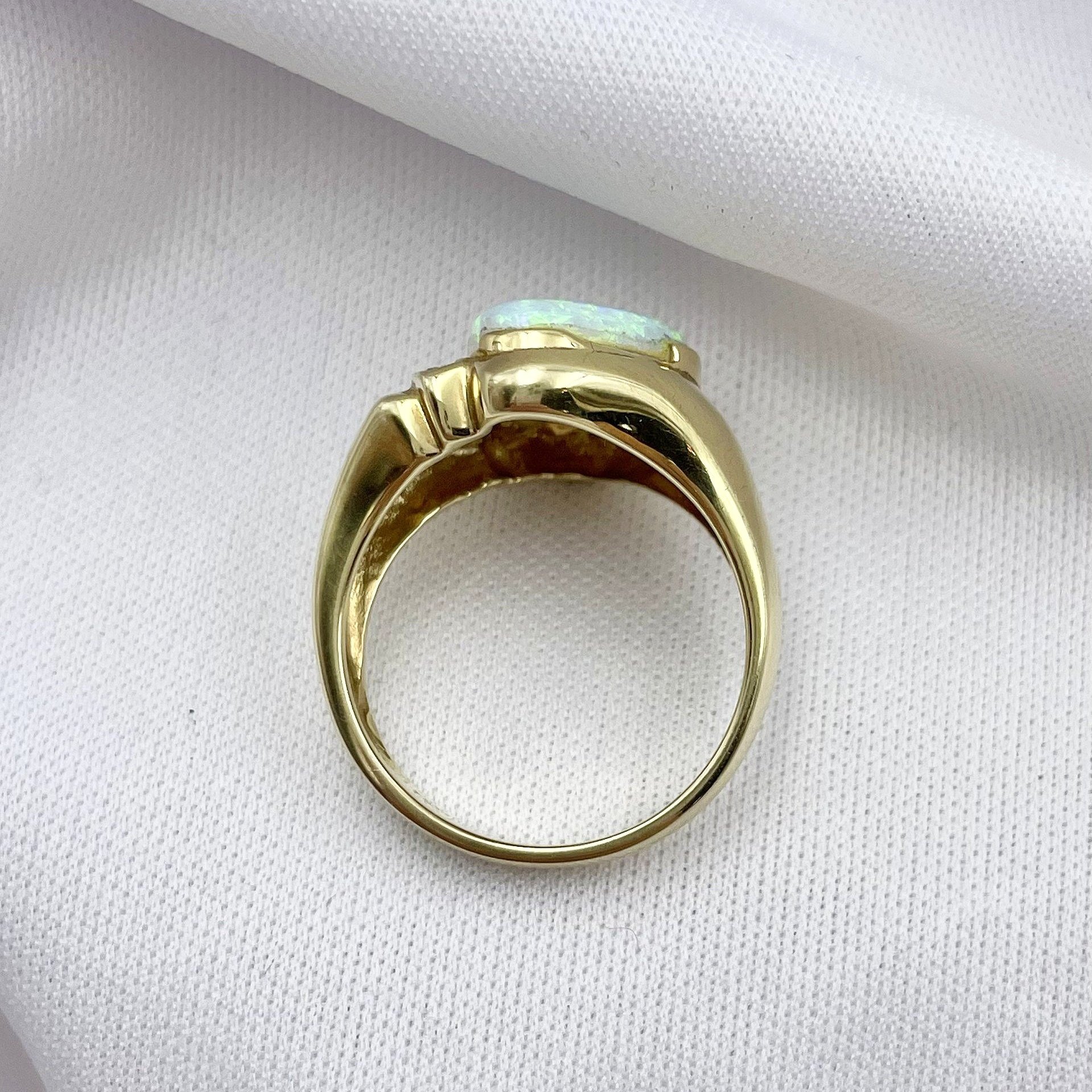 top down view white background Unique Fantasy Cut Opal With Diamond Accents 14k Yellow Gold Ring