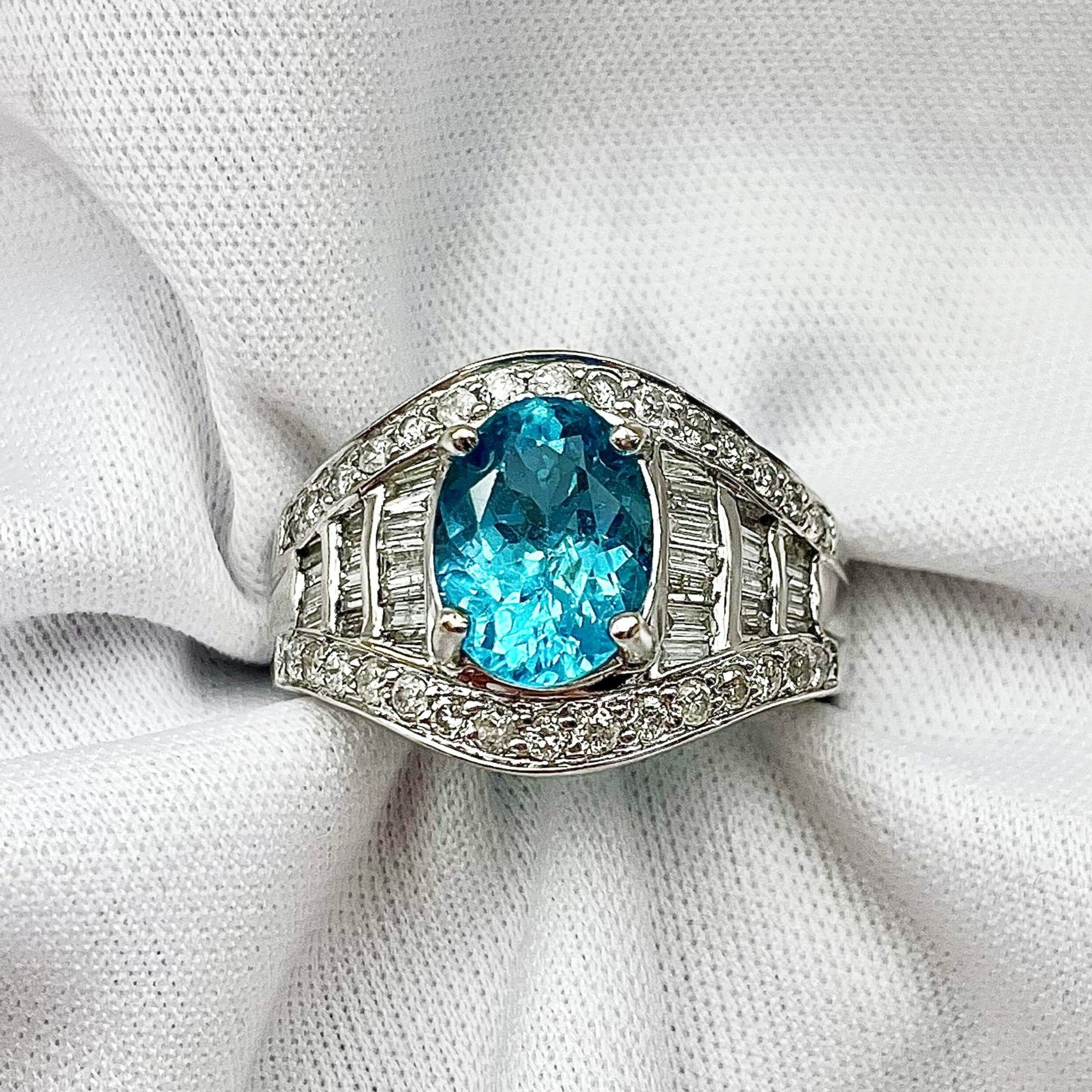 top down white background 14k White Gold Statement Ring Apatite And Diamond Ring