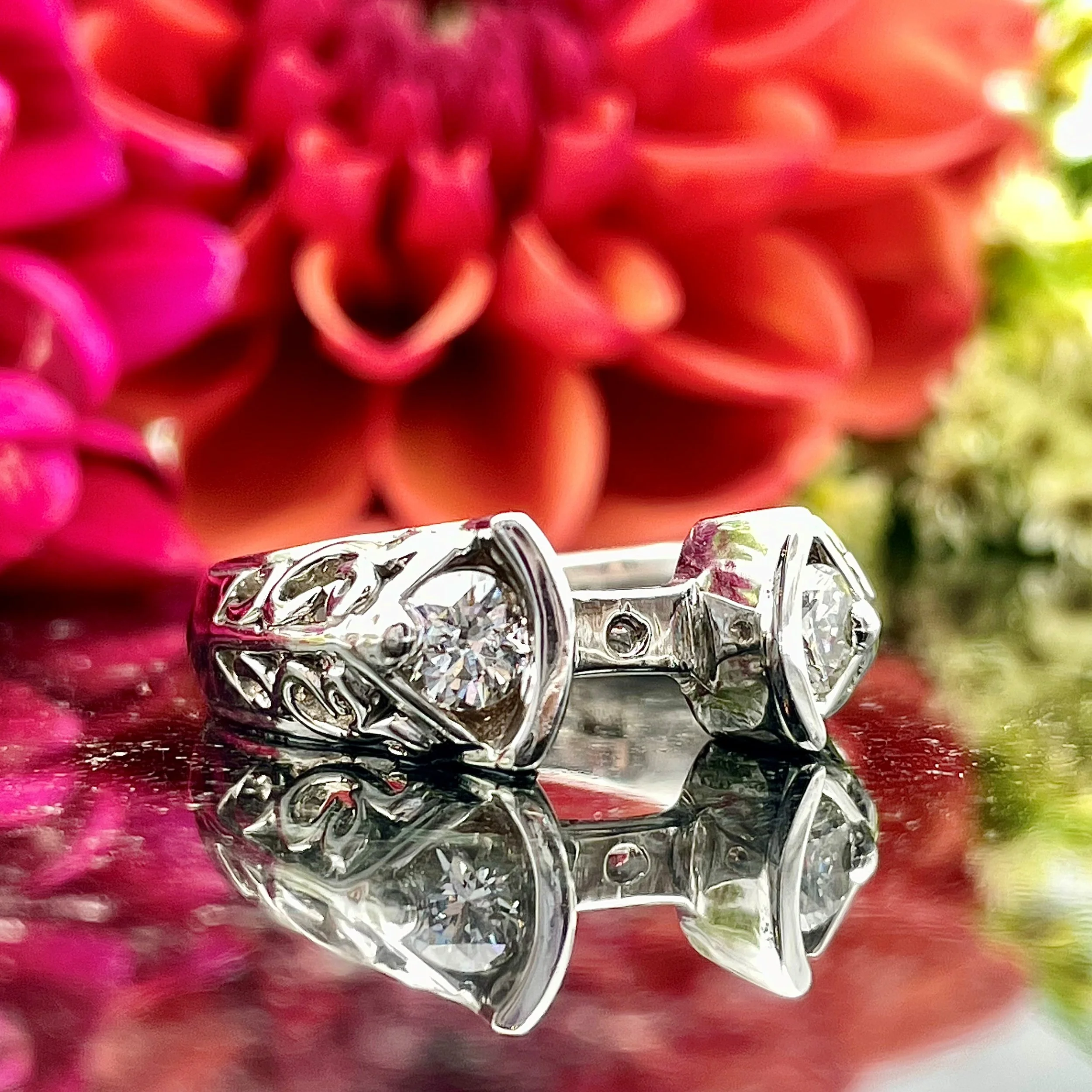 14k White Gold Filigree Cut Out Diamond Accented Semi Mounting