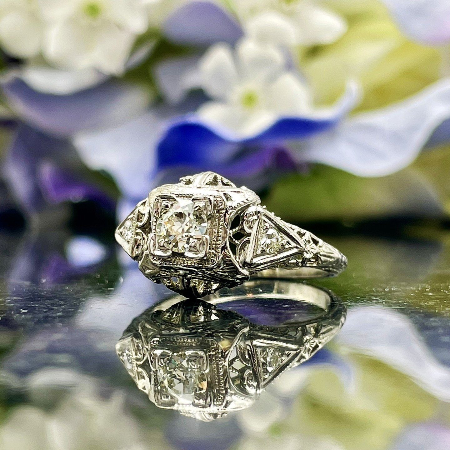 .35ct Old European Cut Vintage Ladies Diamond Ring 14k White Gold