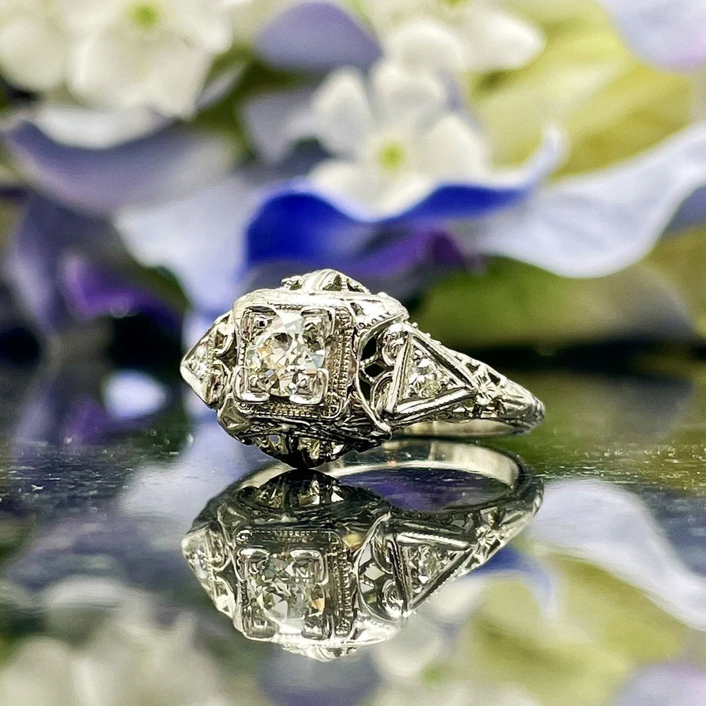 35ct Old European Cut Vintage Ladies Diamond Ring 14k White Gold