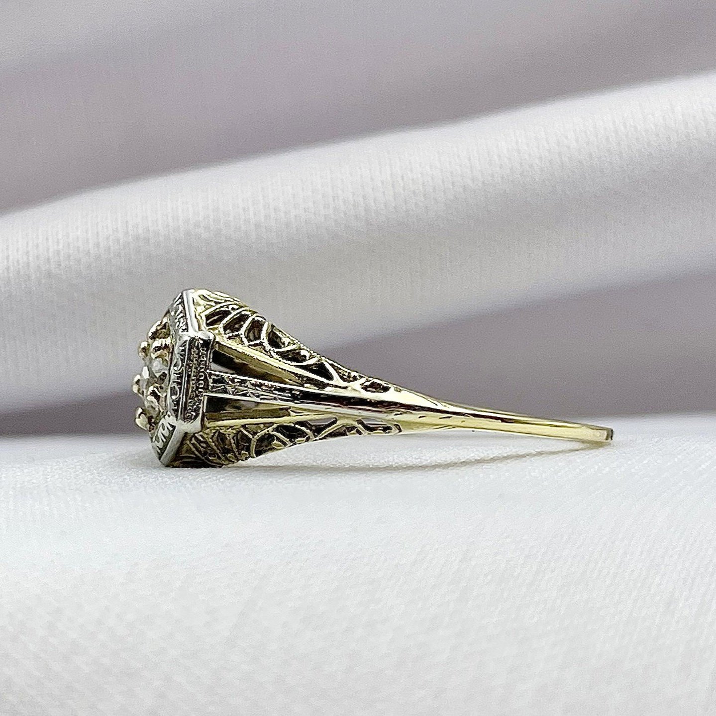 side view white background .20ct Old European Cut Diamond 14k Two Tone Yellow And White Gold Estate Ring