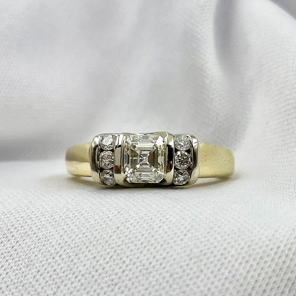 close up white background .91ct SI-2 Asscher Cut Diamond Engagement Ring 14k Two Tone Yellow And White Gold