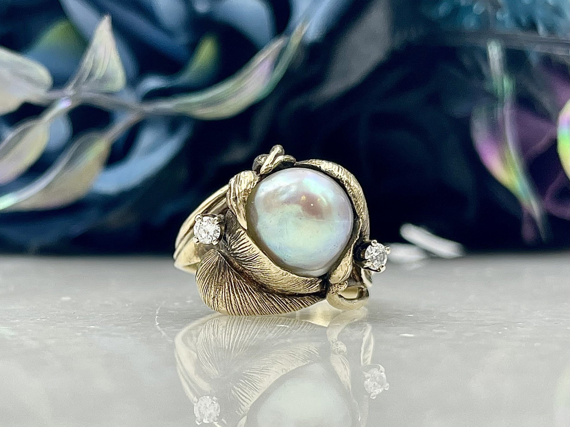 14k Yellow Gold Estate Floral Peal With Diamond Accent Ladies Ring
