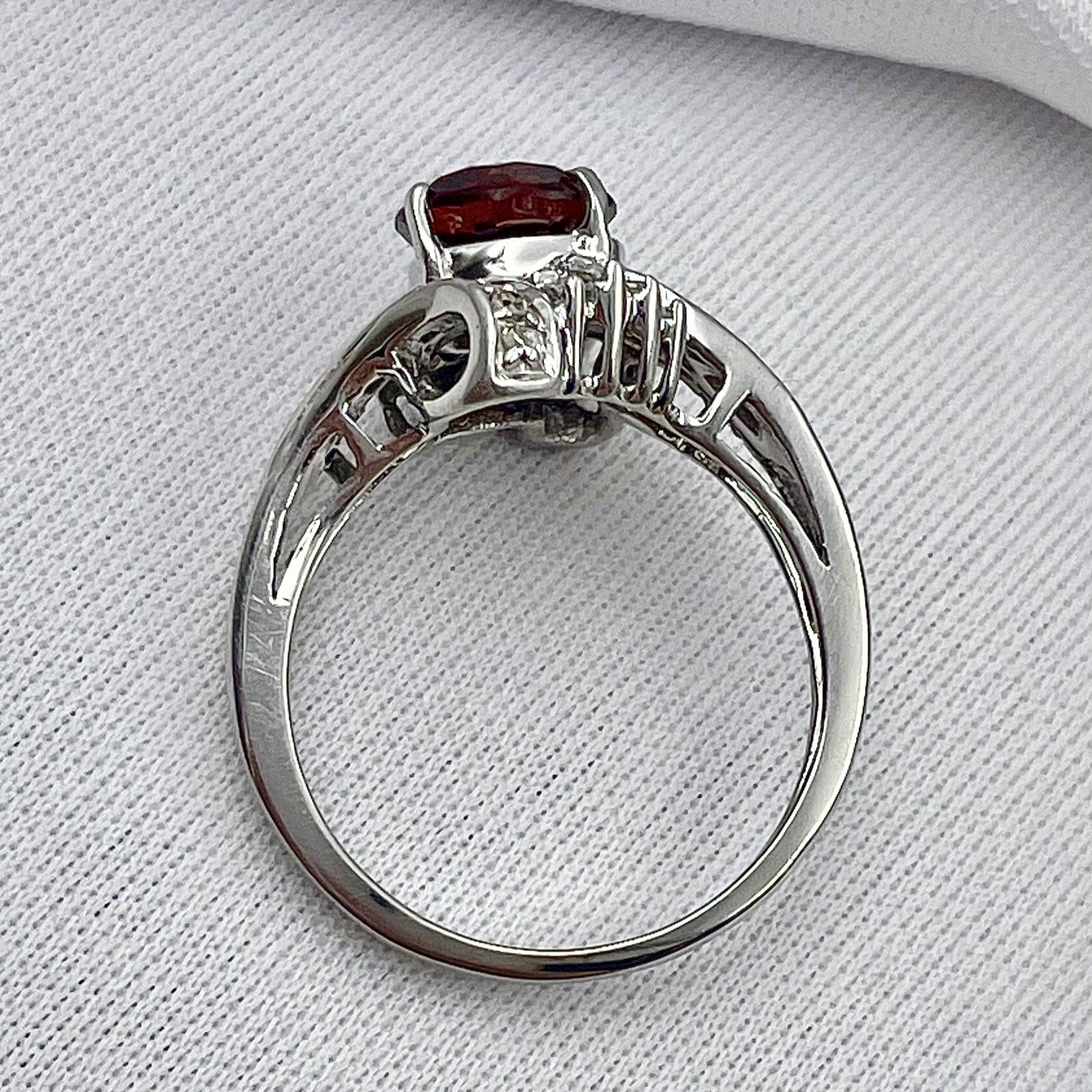 top down gallery view white background 10k White Gold 7.0mm Garnet With Diamond Accents Faux Bypass Style Ring