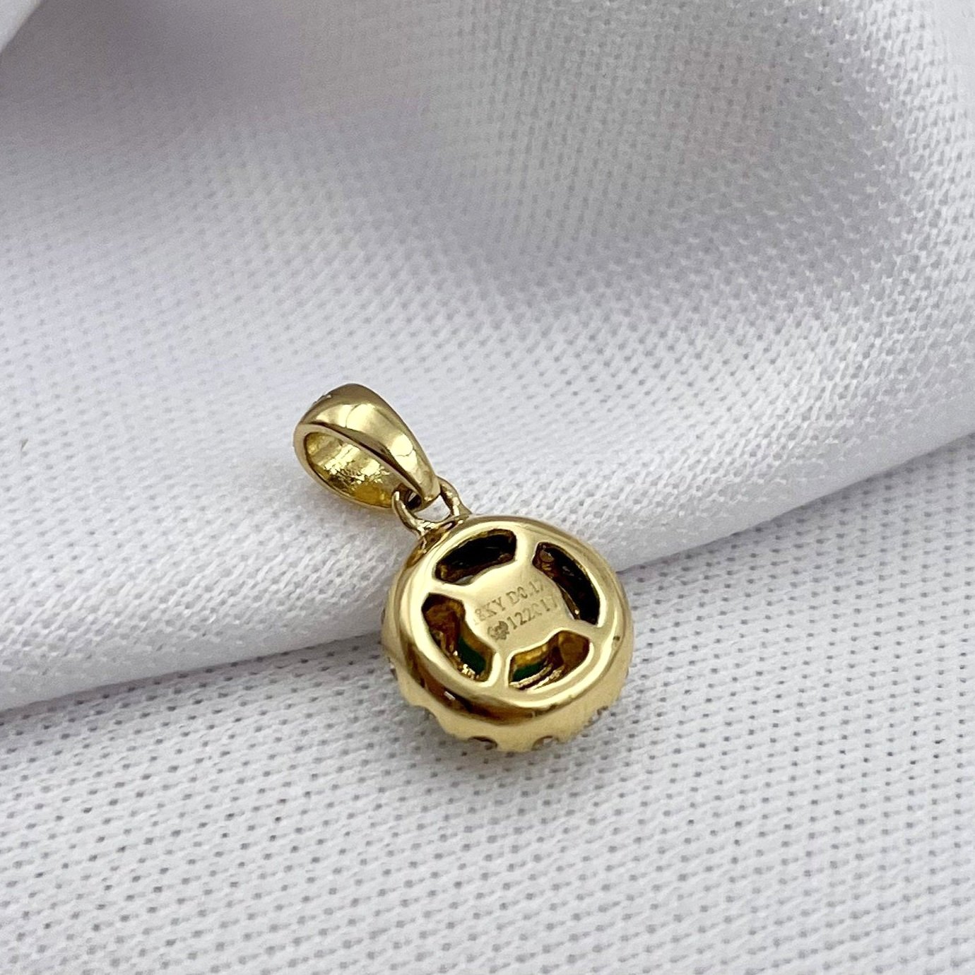 back view white background 18k Yellow Gold Emerald With Diamond Halo Pendant