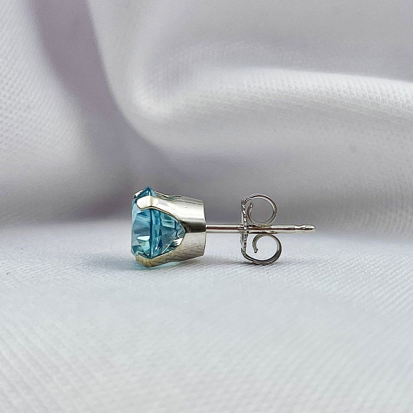 side view white background 3.12ctw Blue Zircons Solitaire Stud Earrings 14k White Gold