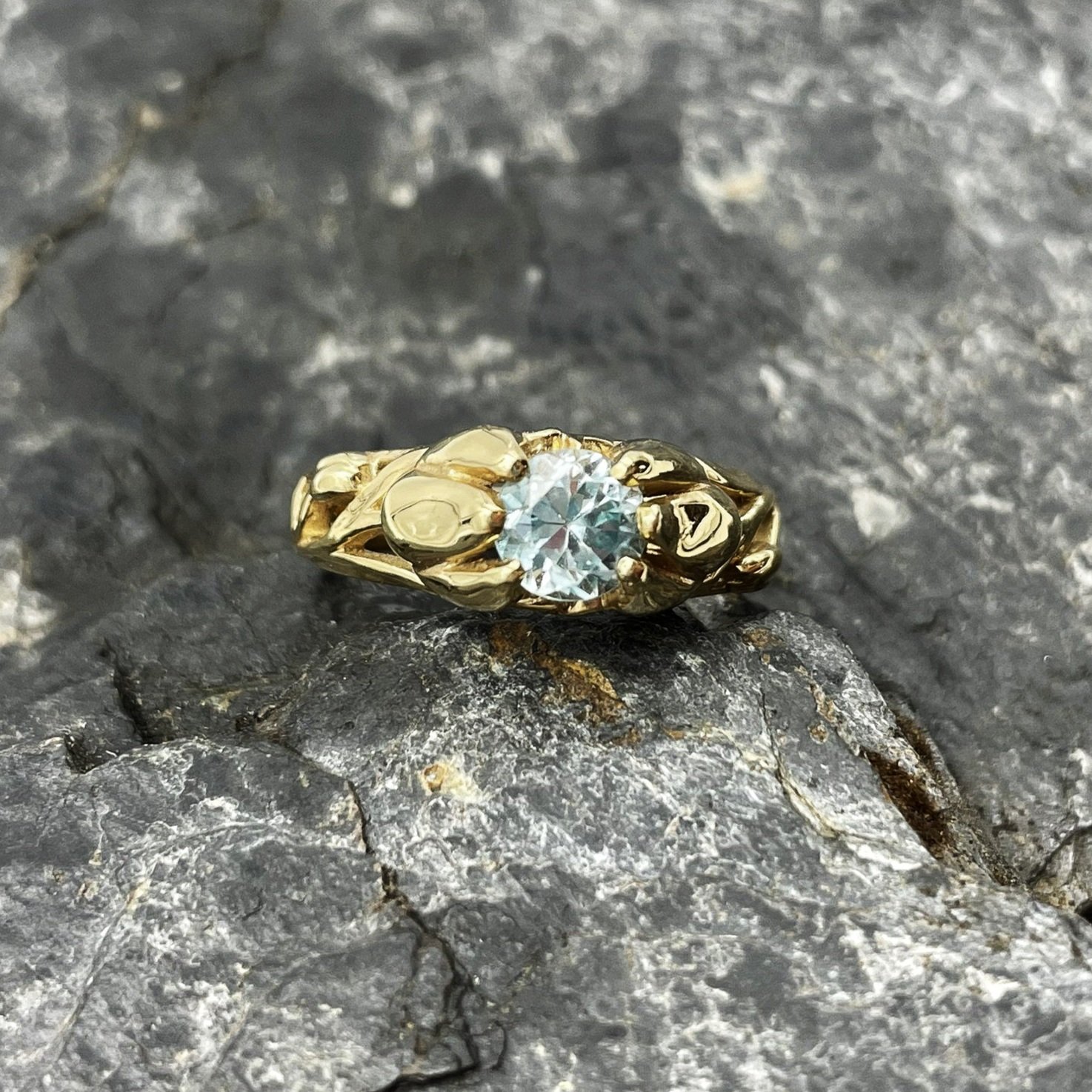 Blue Zircon 6mm Round Floral Ladies 14K Yellow Gold Ring