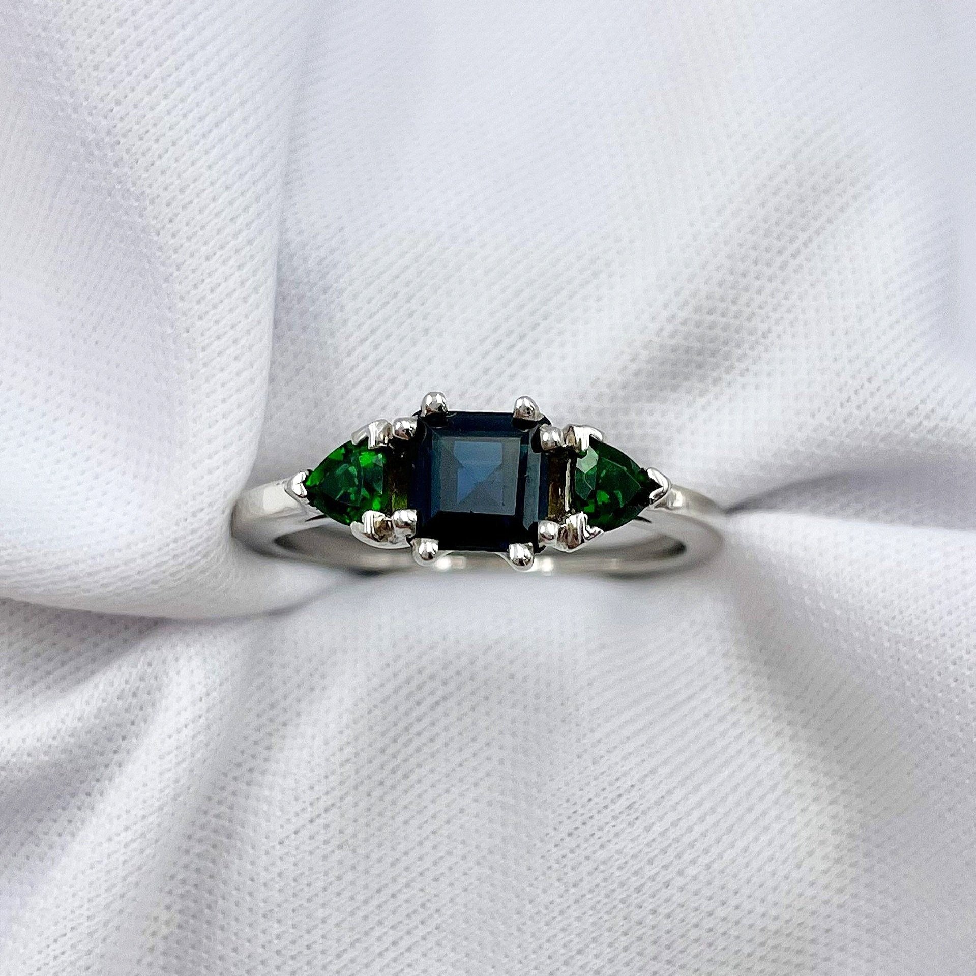 top down view white background .92ct Sapphire And Chrome Tourmaline Three Stone Ring 14k White Gold