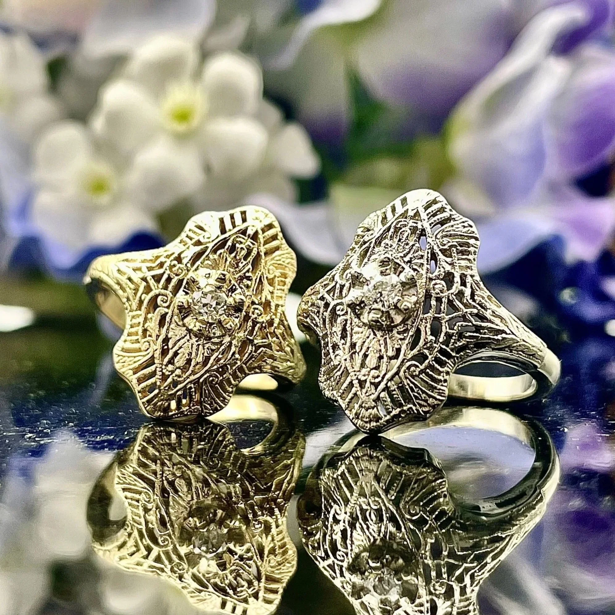 14k Yellow or White Gold Vintage Inspired Ladies Rings With AA Old European Cut Natural White Diamonds