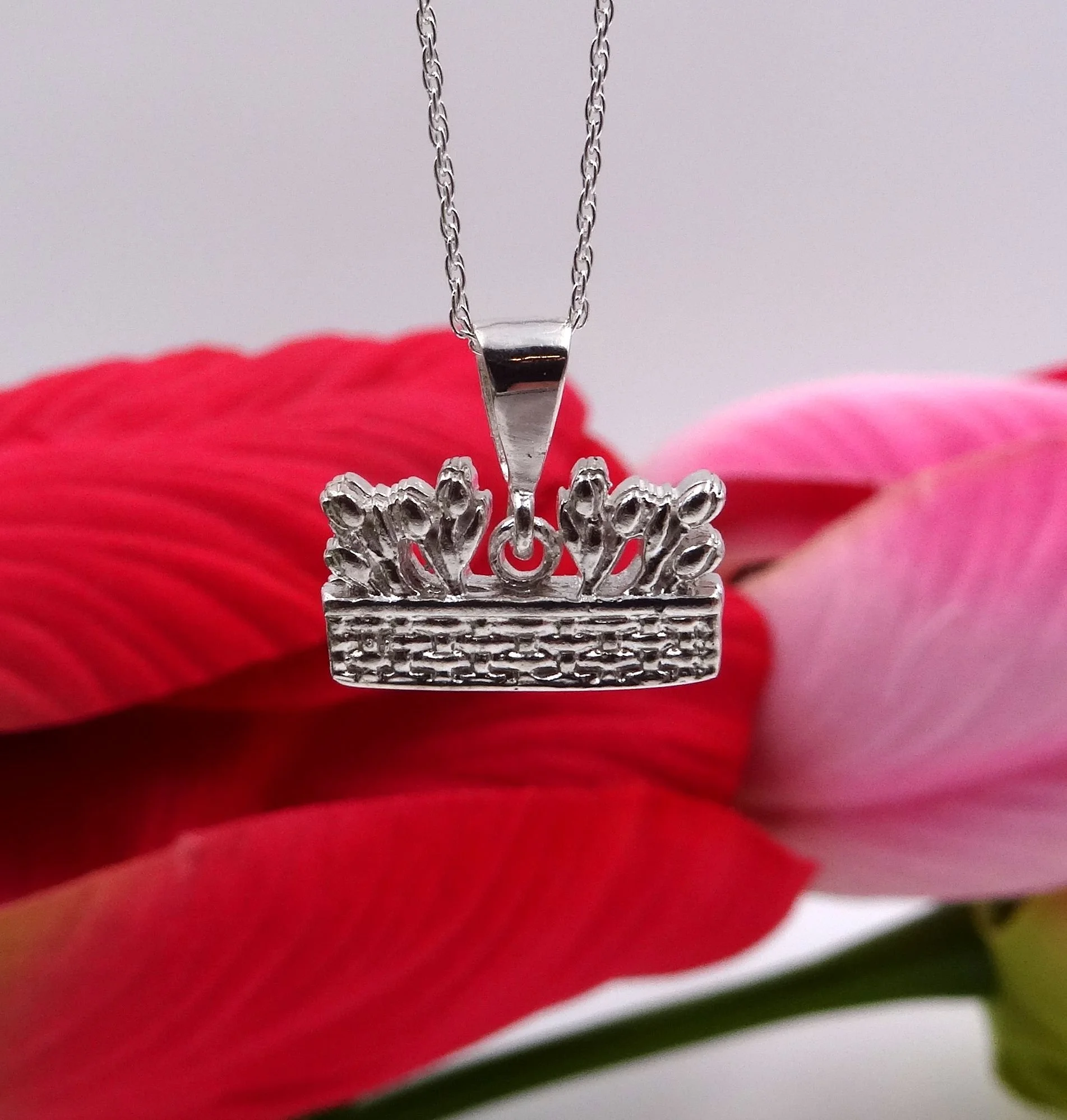 Tulip Basket Floral Motif Charm Necklace Sterling Silver 925