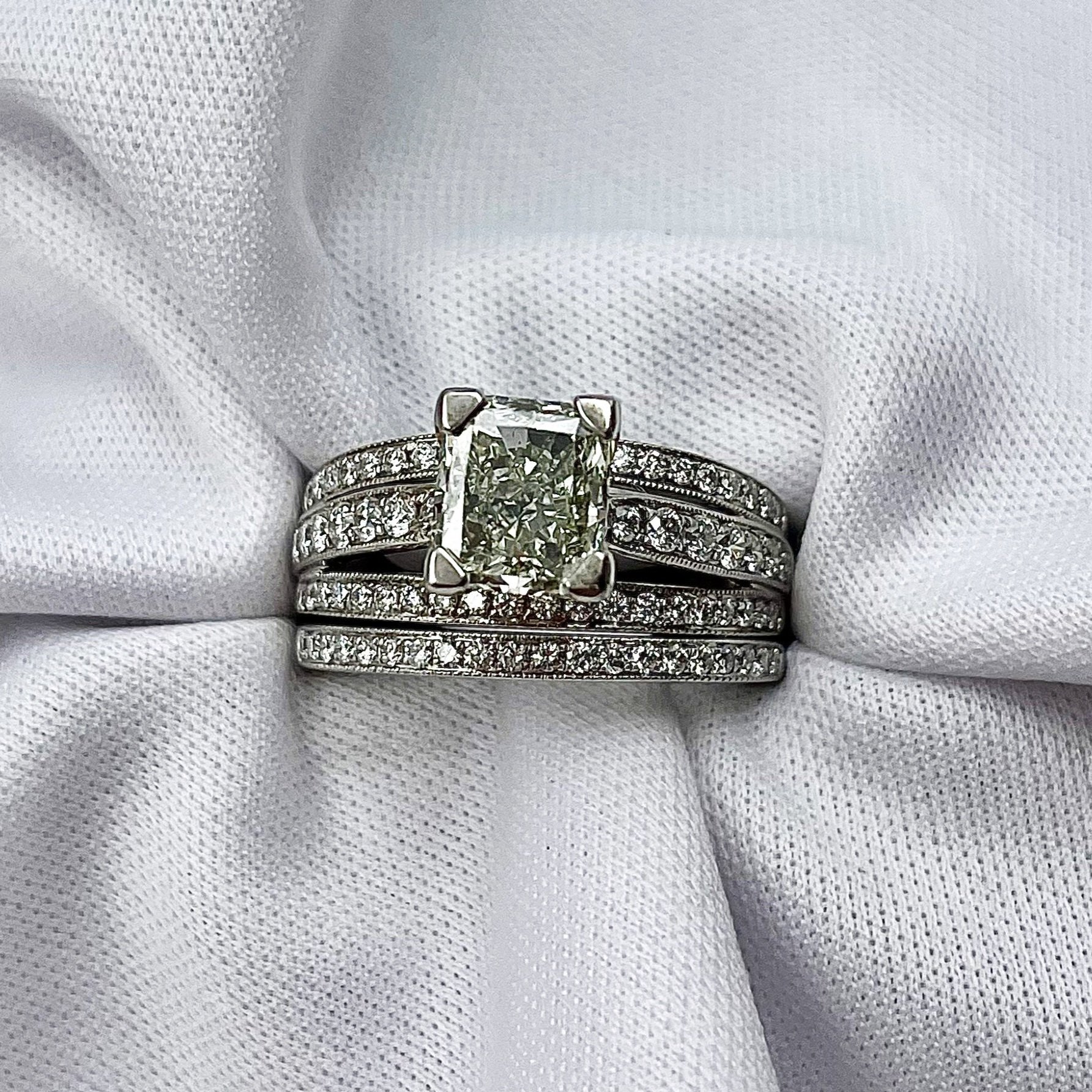 top down white background 1.41ct Radiant Cut Center Ladies Wedding Set 14k White Gold