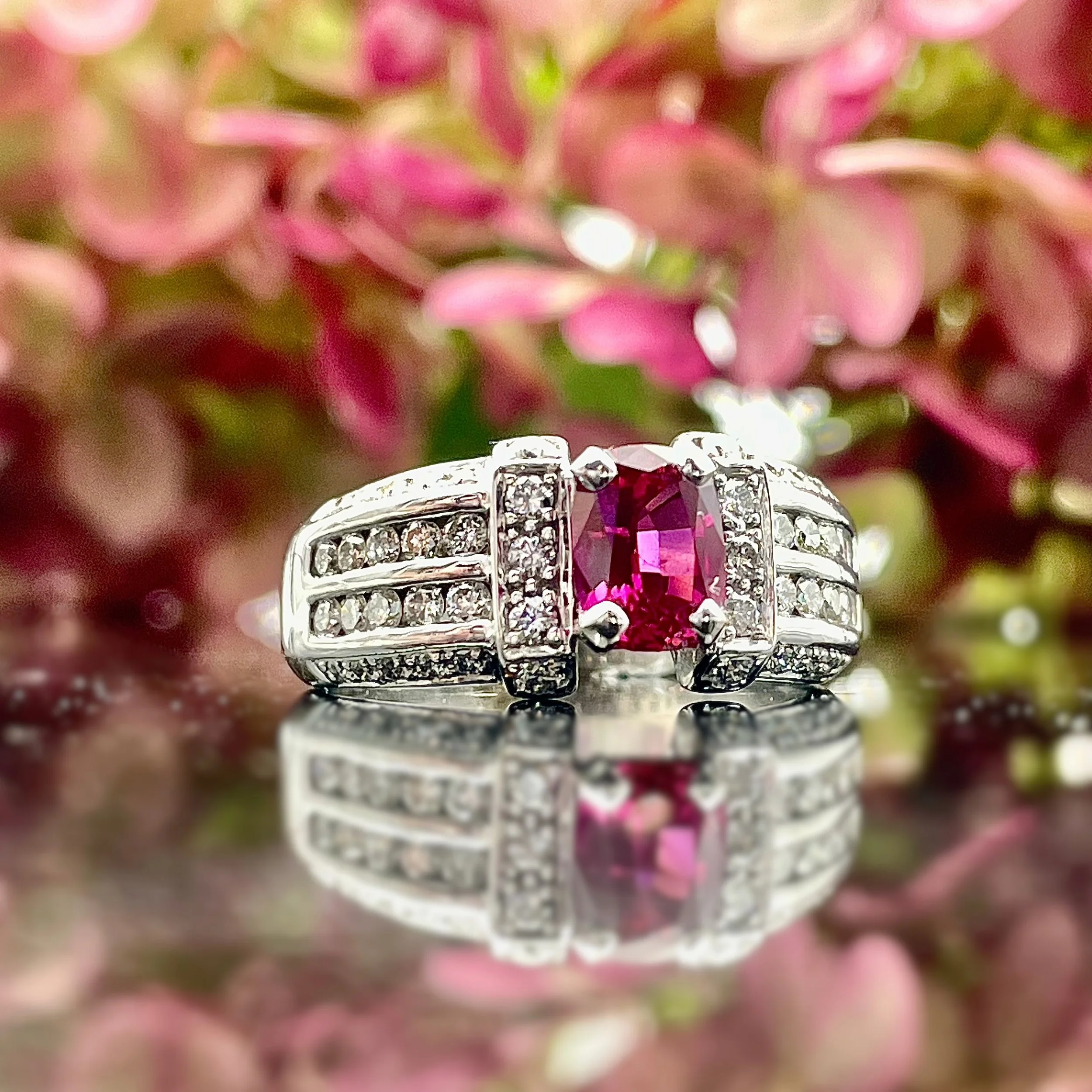 1.28ct Ruby With Diamond Accents Wide Ladies Statement Ring 14k White Gold
