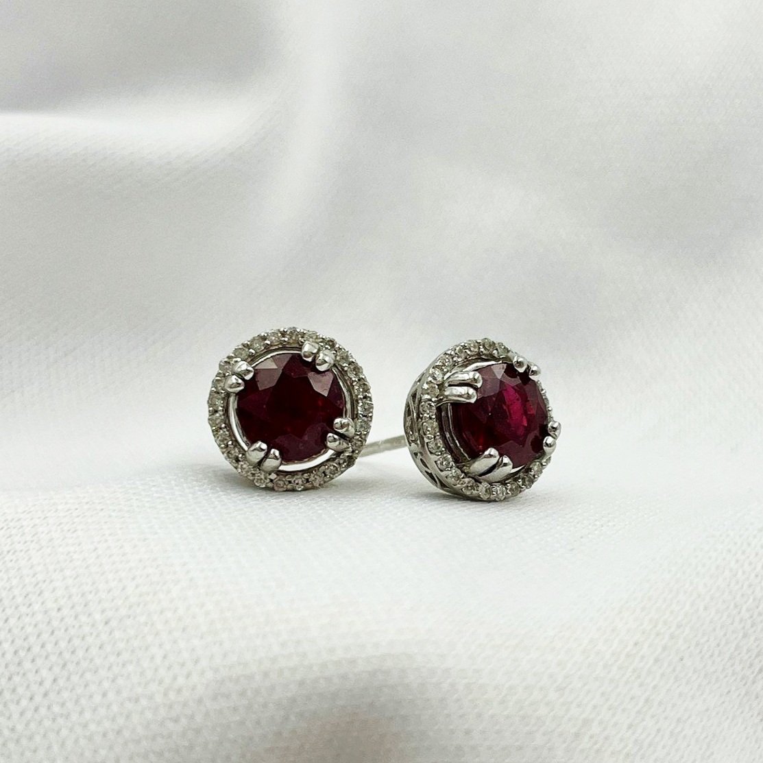 1.95ctw Rubies With 1/5ctw A+ Diamond Halos Stud Earrings 14k White Gold