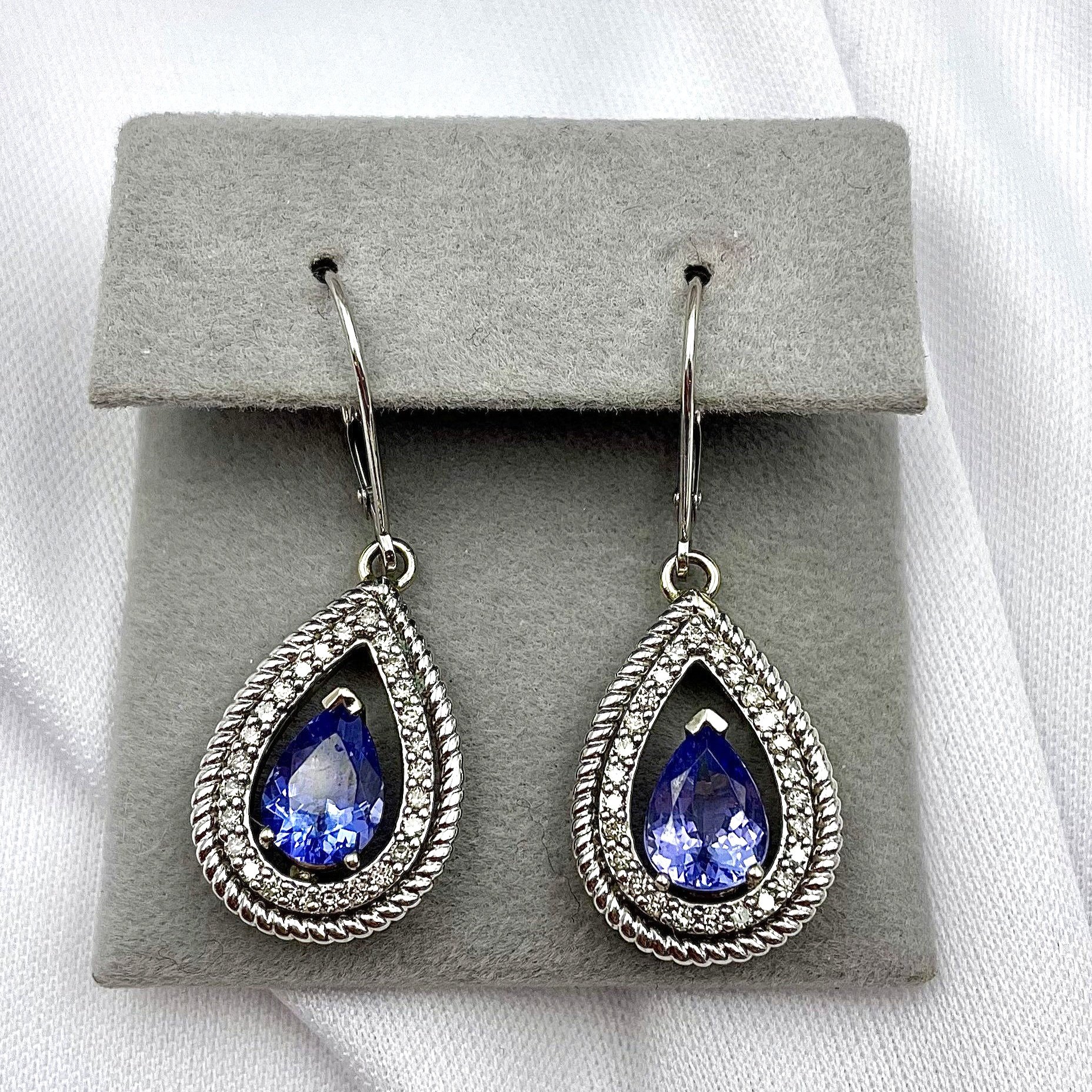 top down white background 2.17ctw Pear Cut Tanzanite Diamond Accent Drop Earrings 14k White Gold