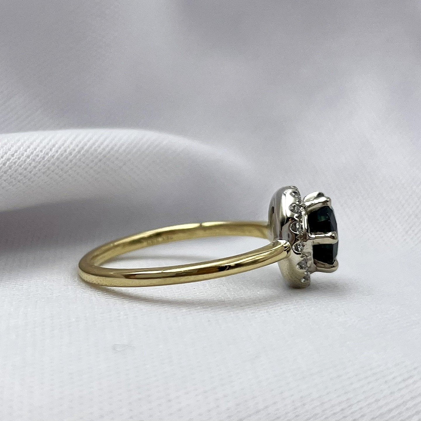 side view white background 1.29ct Sapphire With Diamond Halo Ladies Ring 14k Two Tone Yellow And White Gold