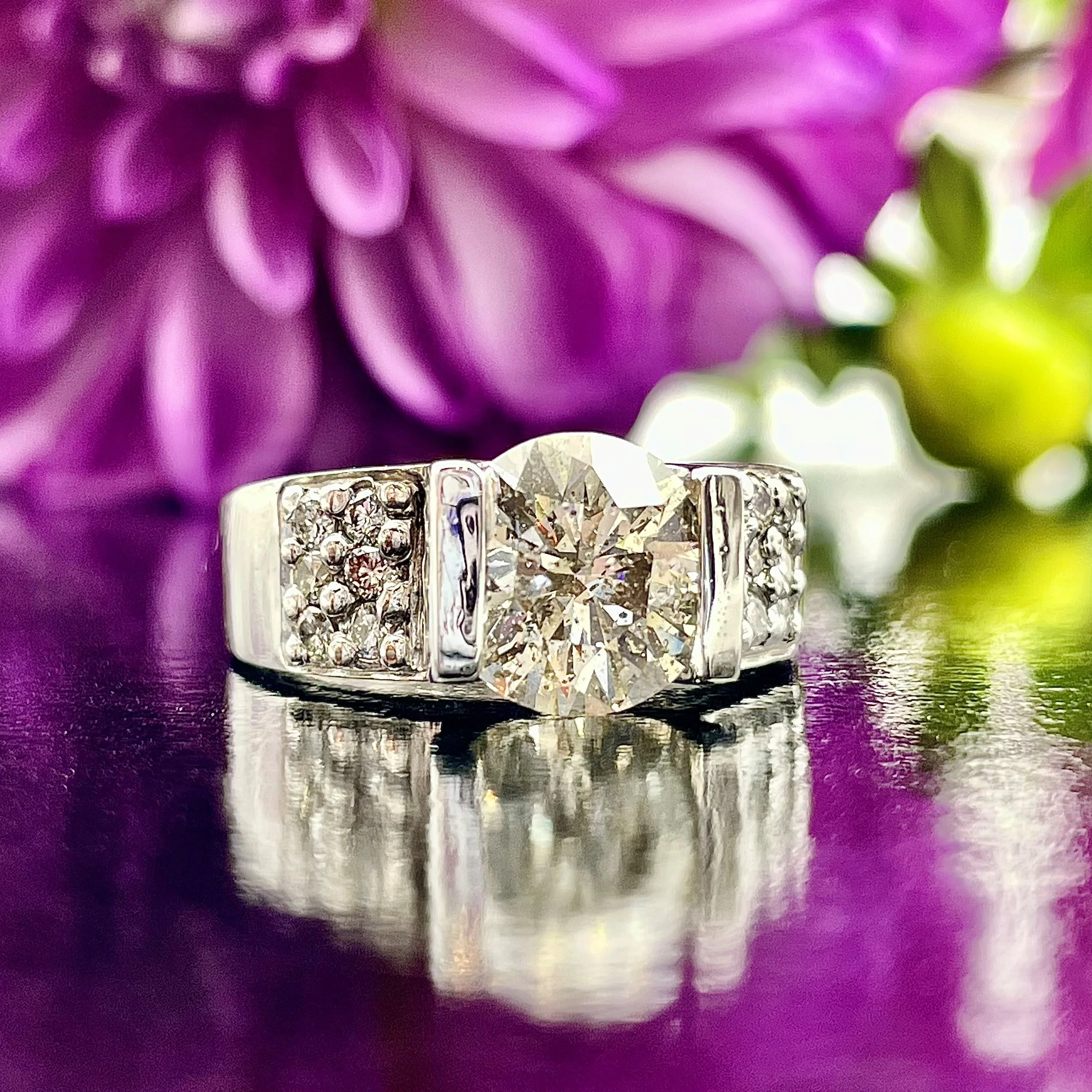 2.71ct Round Natural White Diamond With Accent Diamonds Wide Ladies Statement Engagement Ring
