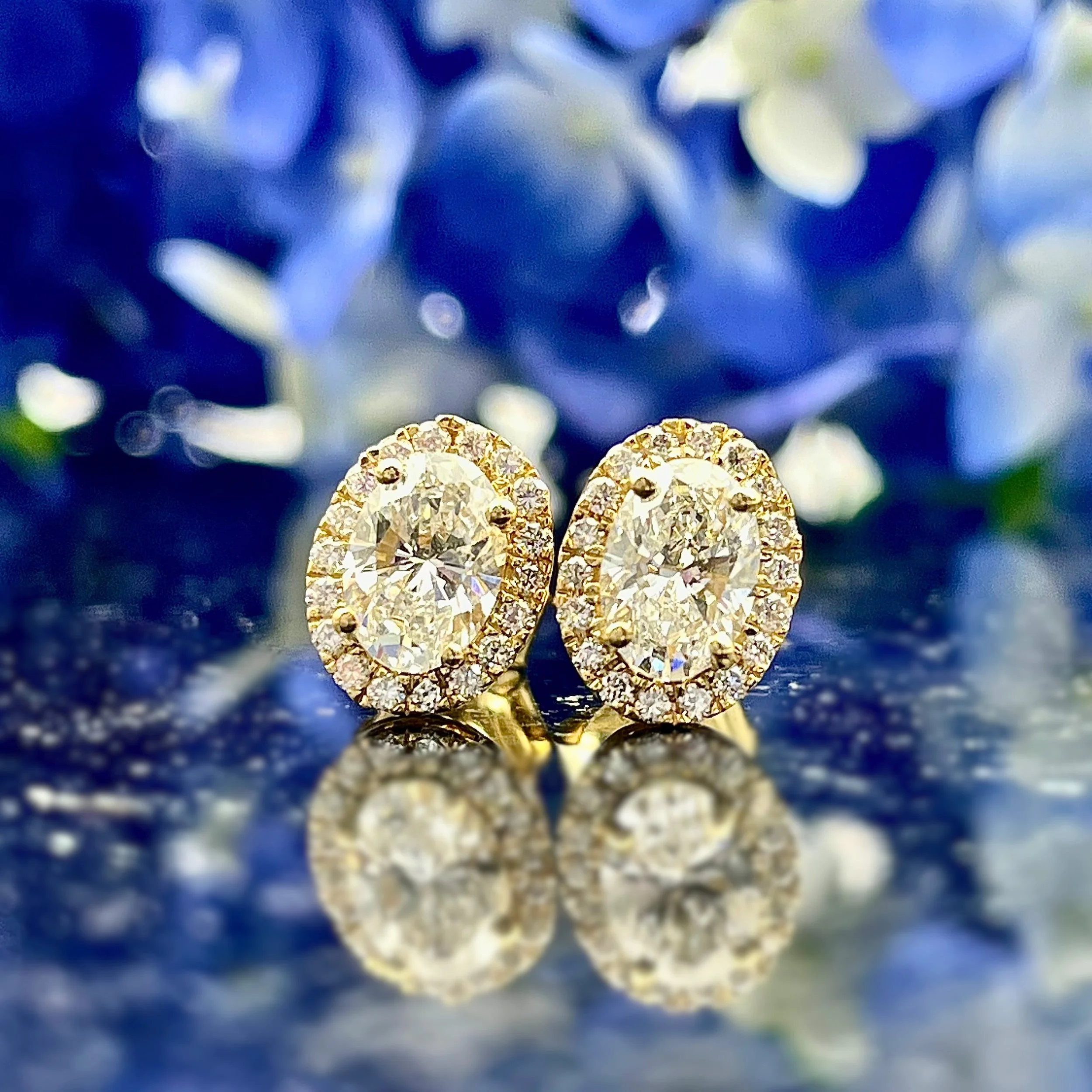 LAB GROWN - 1.12ctw Lab Grown Oval With Halo Stud Earrings 14k Yellow Gold