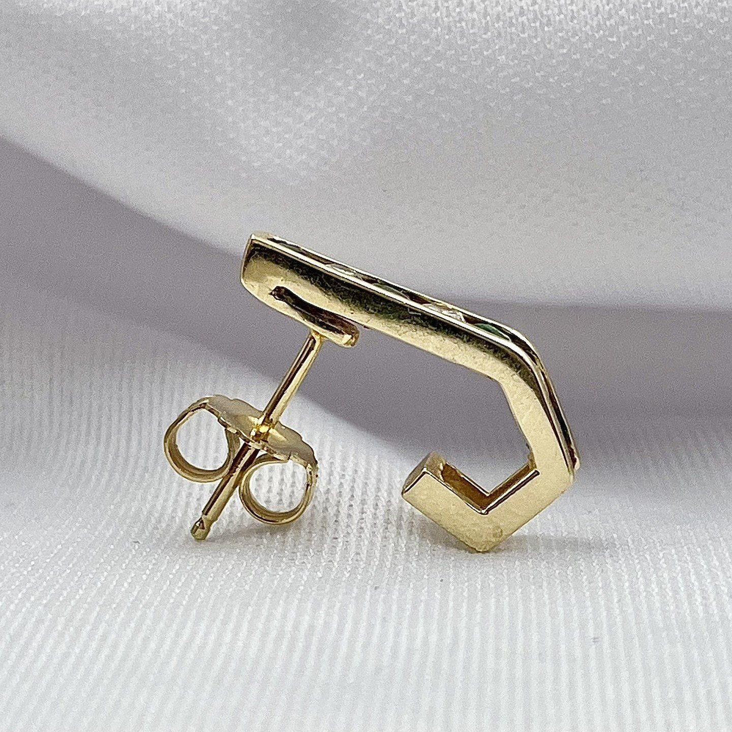 side view white background 14k Yellow Gold Emerald And Diamond J Hoop Earrings