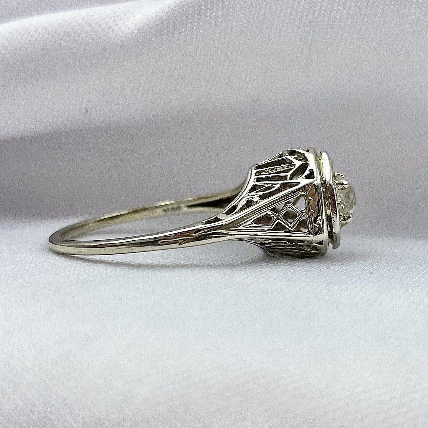 side view white background .40ct Old European Cut Estate Diamond Ring 14k White Gold