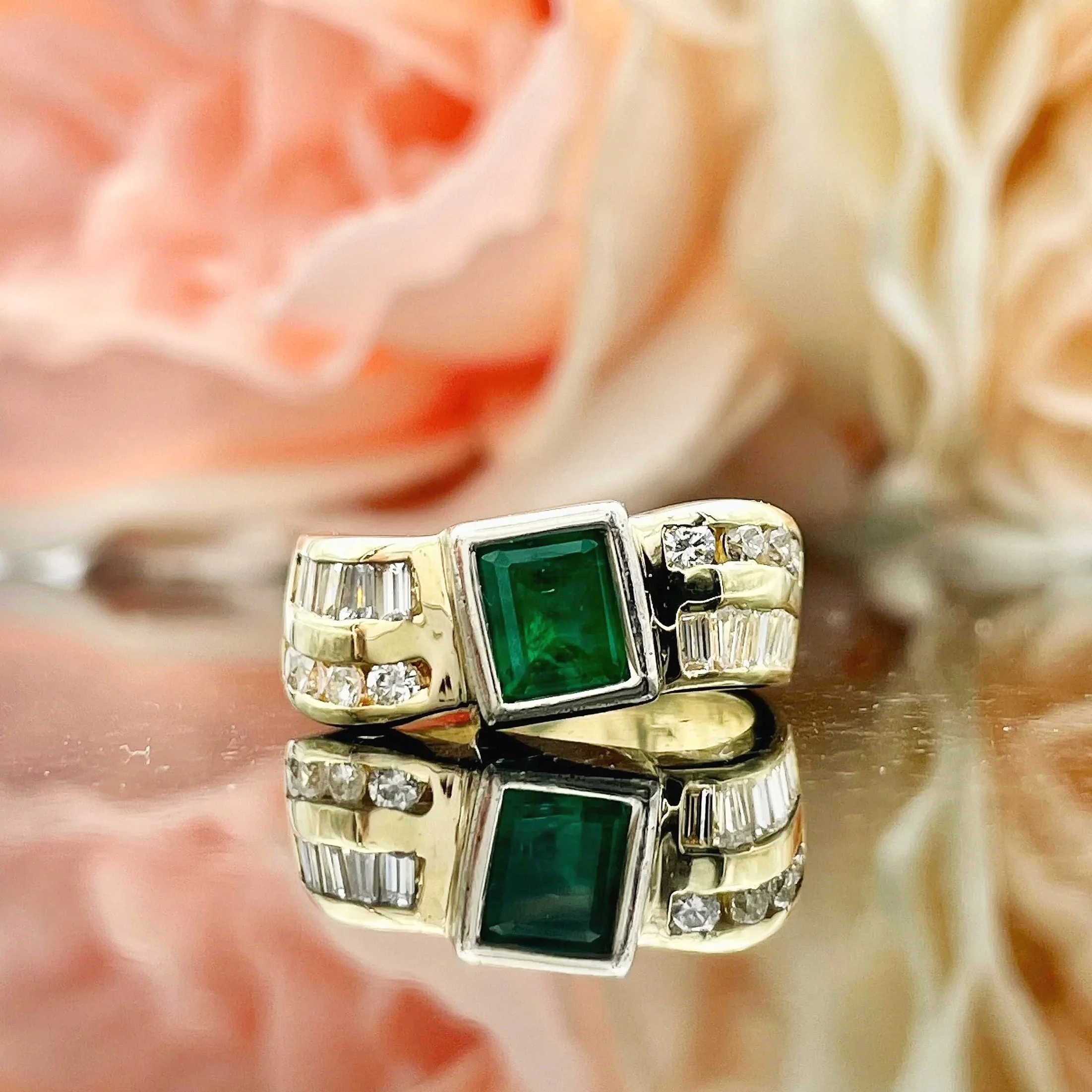 1.60ct Emerald With Channel Set Diamond Accents Unique Wave Ring 14k Yellow Gold - Warren Jewelers