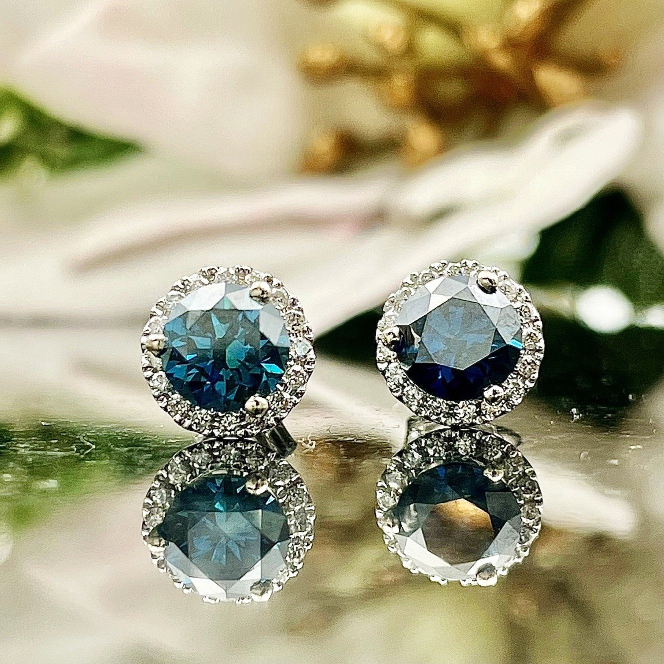 1.27ctw Blue Diamond With White Diamond Halos Stud Earrings 18k And 14k White Gold