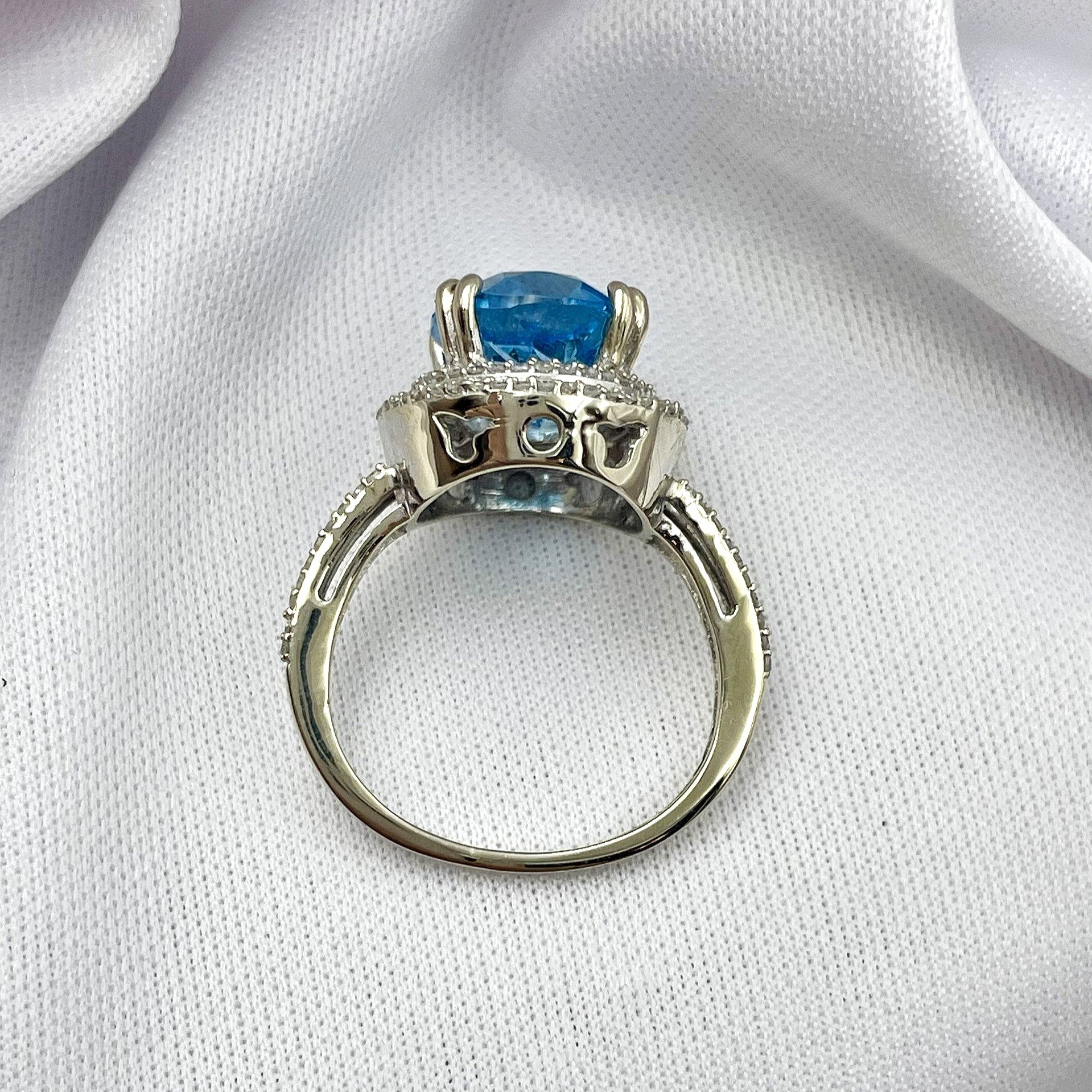 top down gallery view white background Double Halo Blue Topaz and Diamond Ladies Ring 14k White Gold