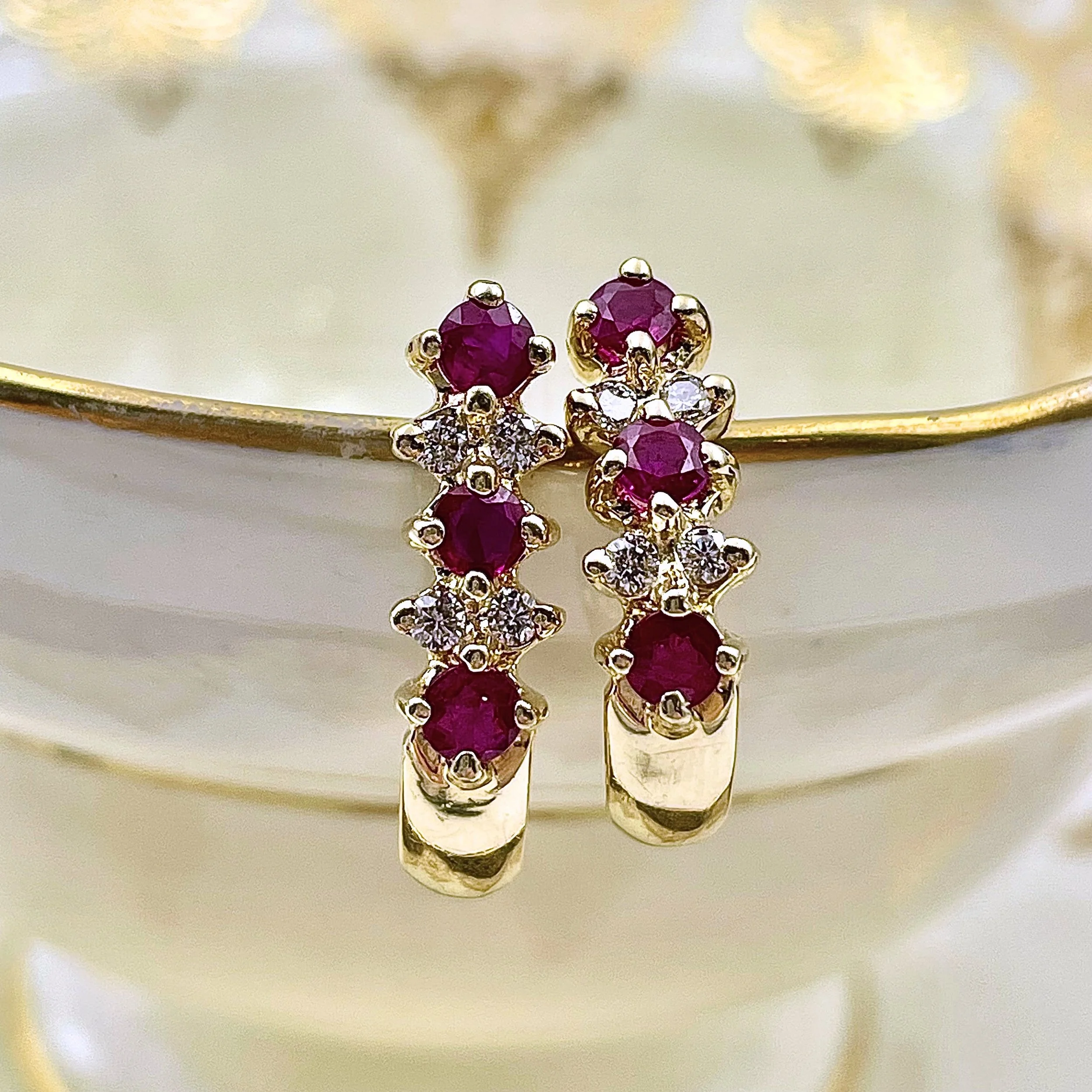Ruby And Diamond J Hoop Earrings 14k Yellow Gold