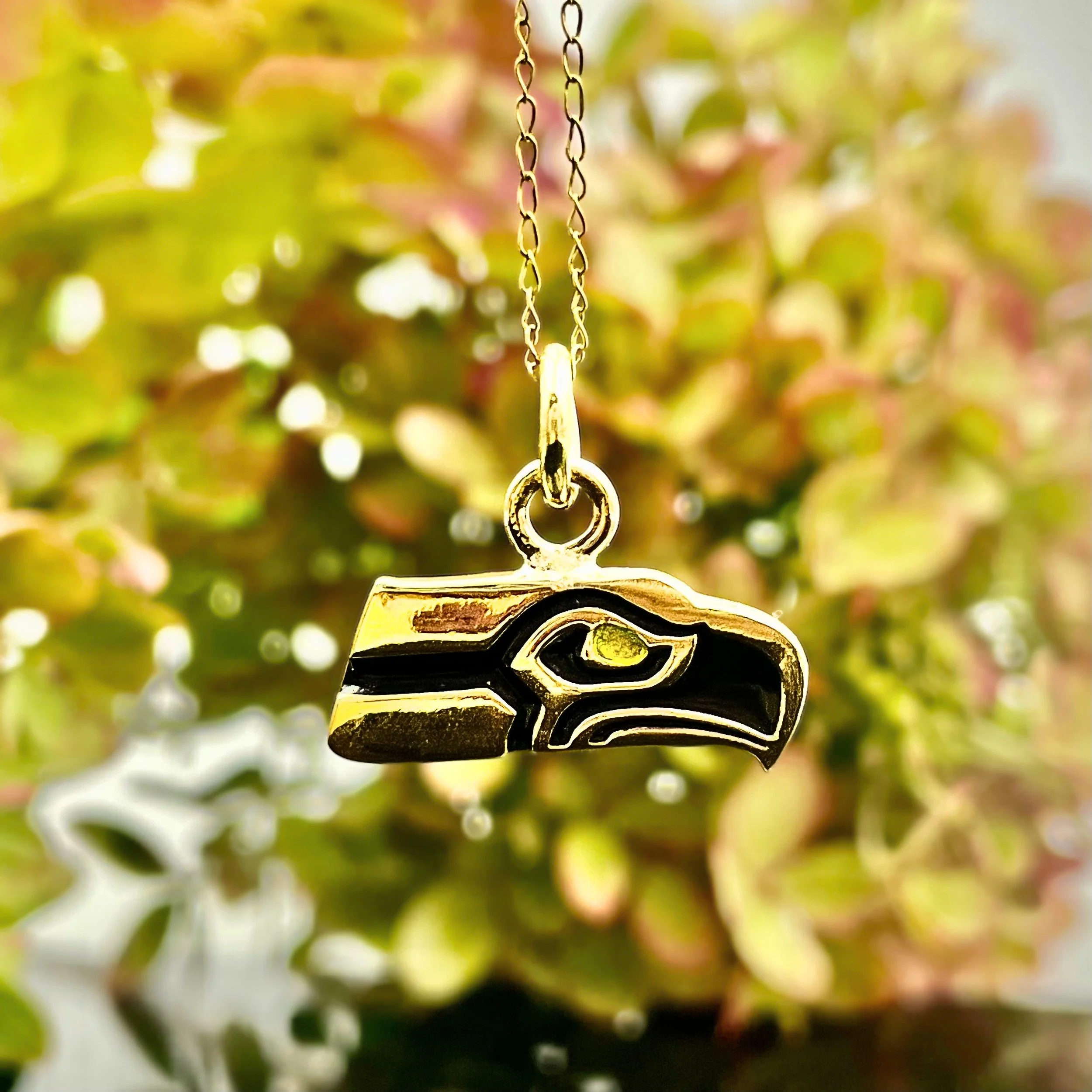 14k Yellow Gold Seattle Seahawk With Enamel Charm Pendant