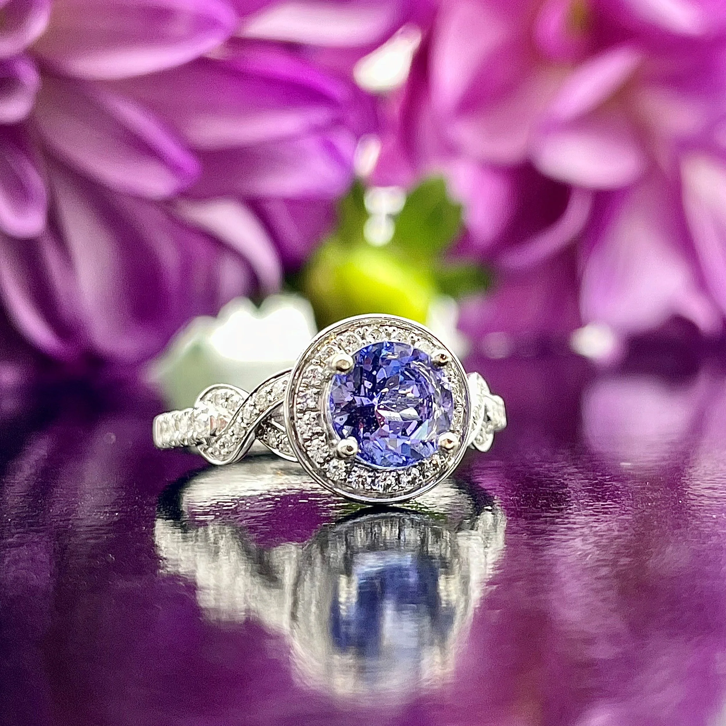 1.31ct Tanzanite With Diamond Halo Infinity Detailing 14k White Gold Ladies Ring