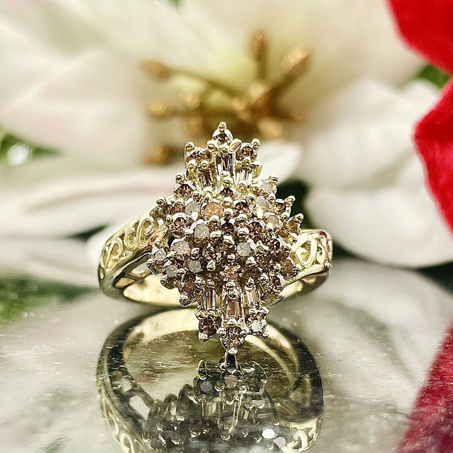 1/2ctw Ladies Champagne Diamond Vintage Cluster Ring 10k Yellow Gold