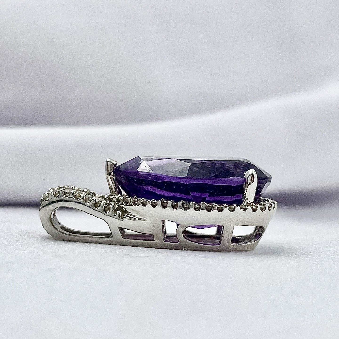 side view white background 5.65ct Pear Cut Amethyst With .22ctw Diamond Accents And Halo Pendant 14k White Gold