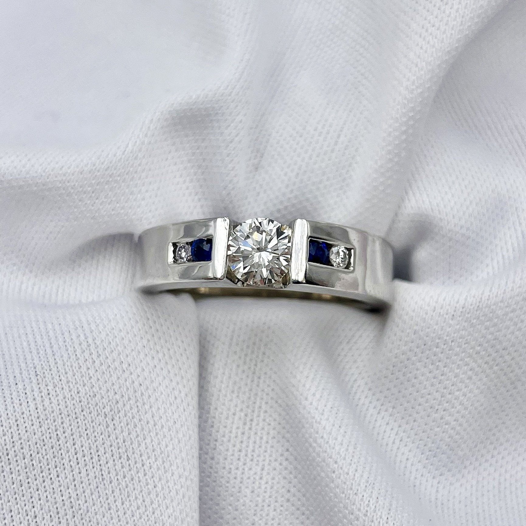 top down white background .57ctr Round Diamond With Sapphire Accent Sleek Modern Engagement Ring 14k White Gold