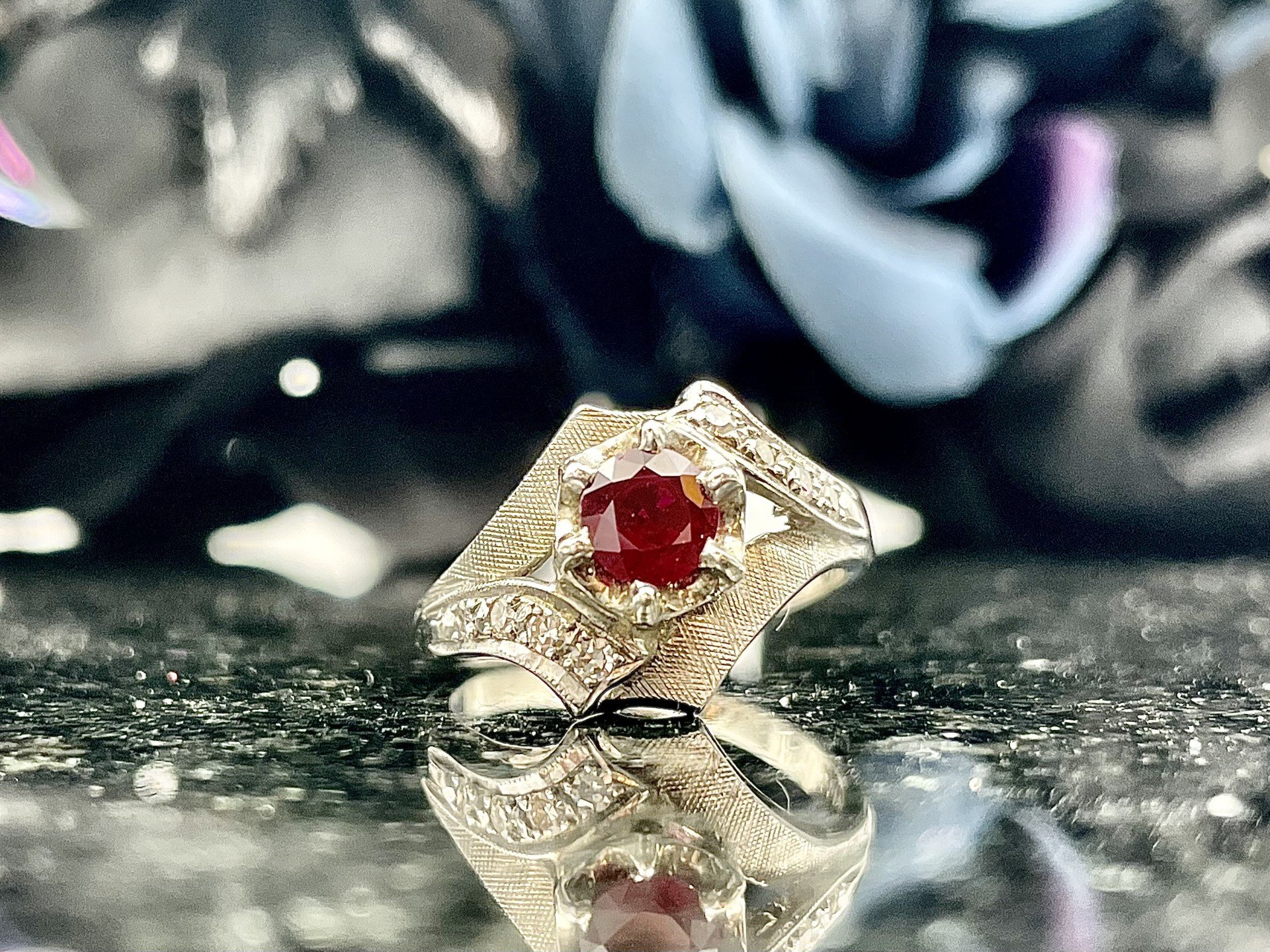 14k White Gold Estate .66ct Ruby With 1/4ctw Diamond Accents Ladies Ring