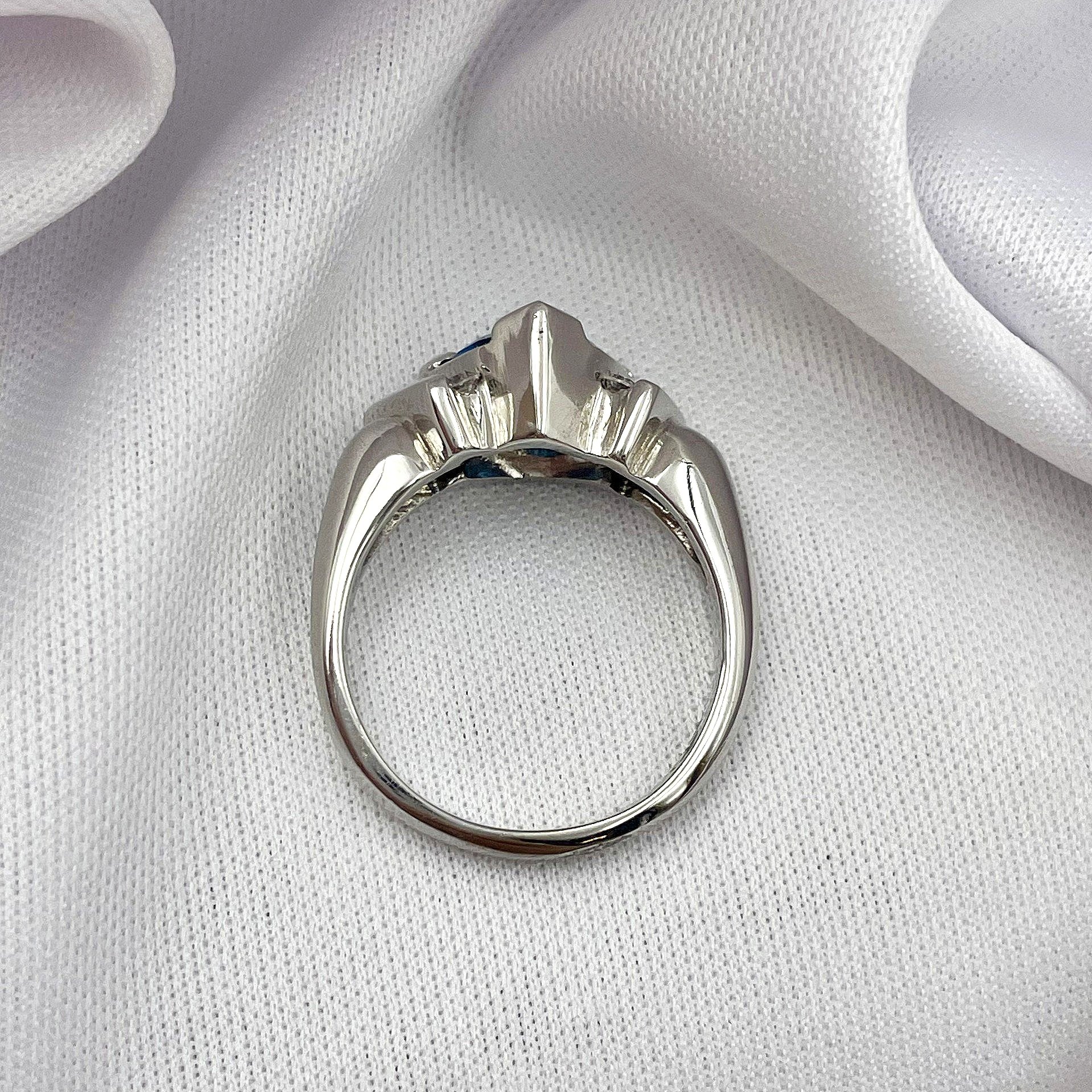 top down view white background Trillion Cut Blue Topaz With Diamond Accents Ladies Ring 14k Yellow Or White Gold
