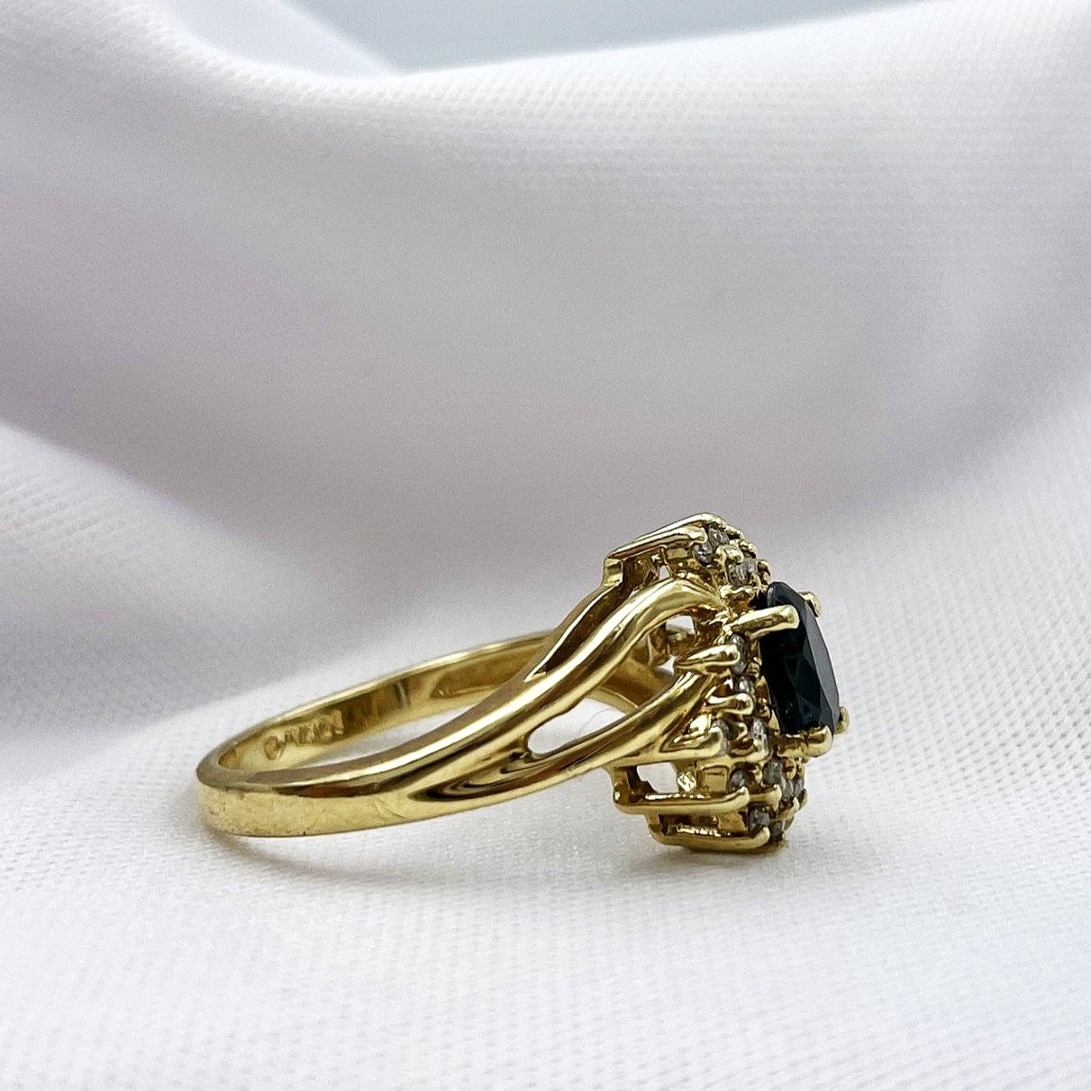 side view white background Floral 10k Yellow Gold Oval Sapphire With Diamond Accents Ladies Ring