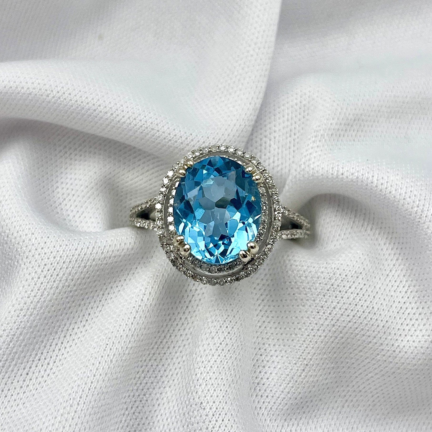 top down white background Double Halo Blue Topaz and Diamond Ladies Ring 14k White Gold