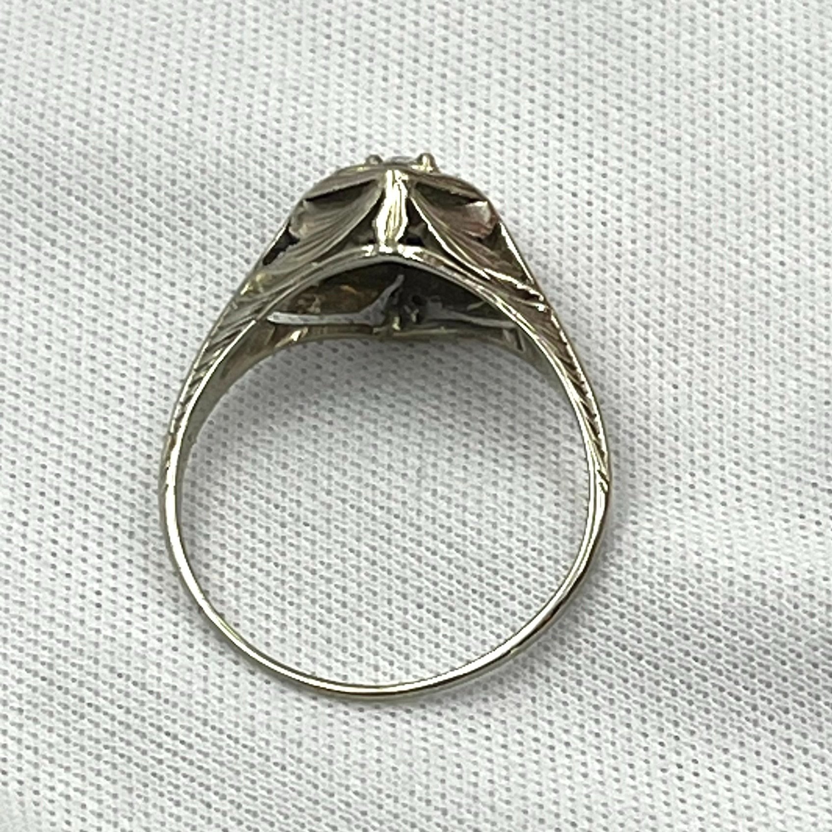 .10ct Old Mine Cut Diamond With Triangle Cut Sapphire Accents Estate Ring 14k White Gold