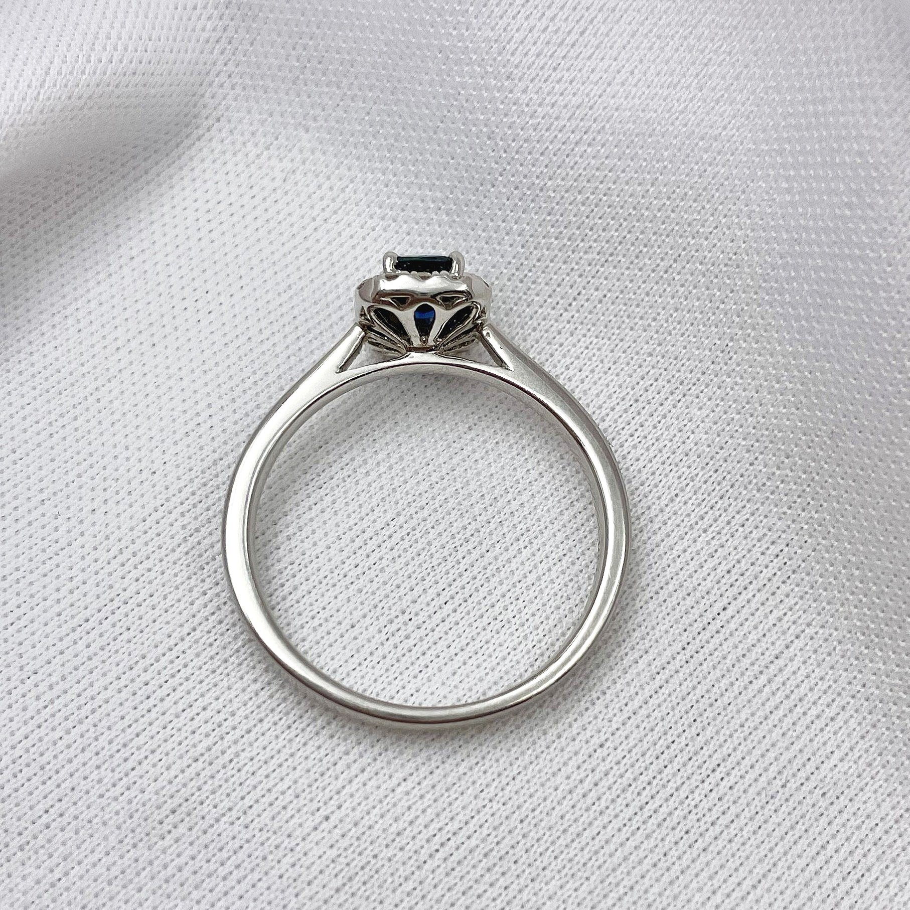 top down gallery view .64ct Emerald Cut Sapphire With Diamond Halo Ladies Ring 14k White Gold